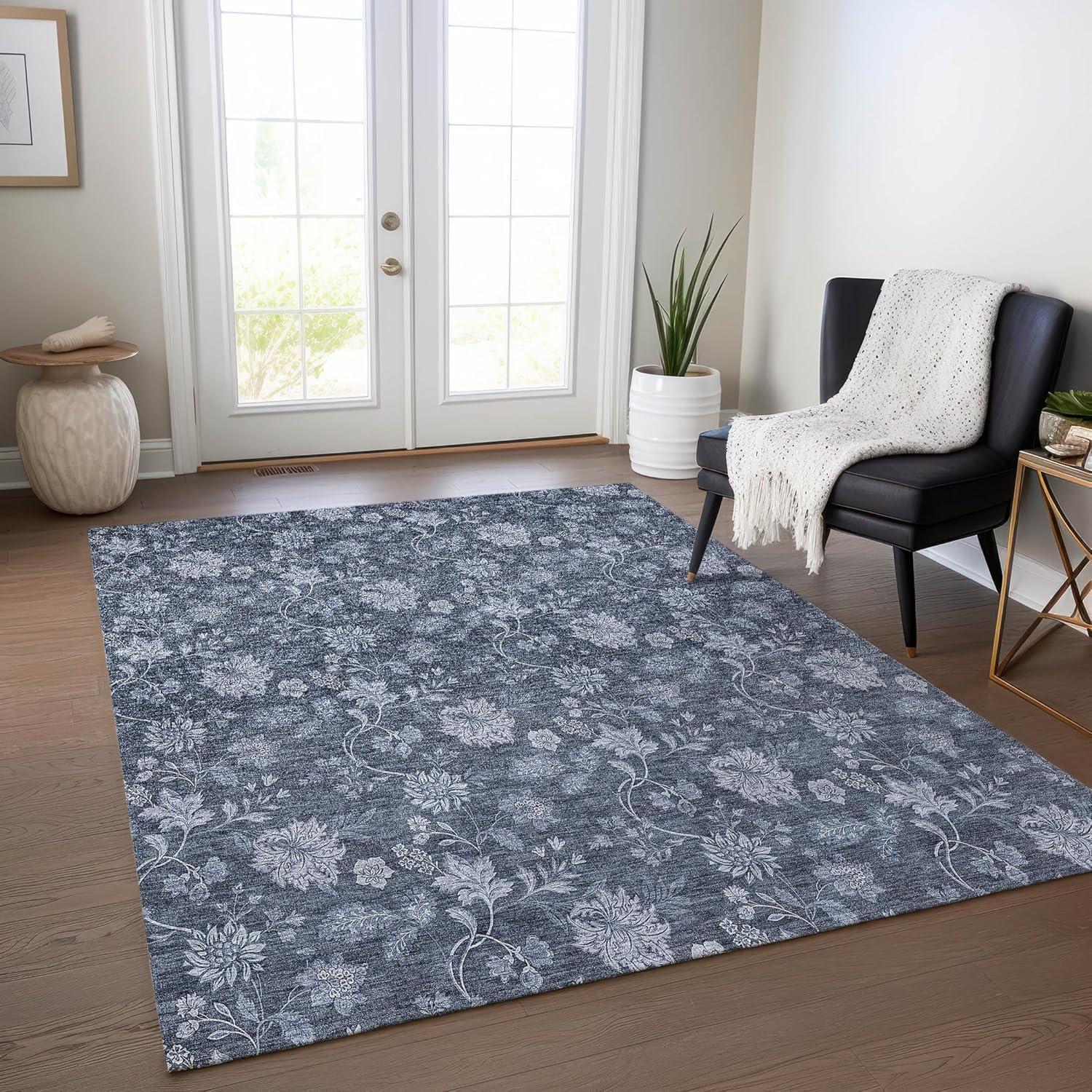 Blue Floral Synthetic Rectangular 8' x 10' Washable Rug