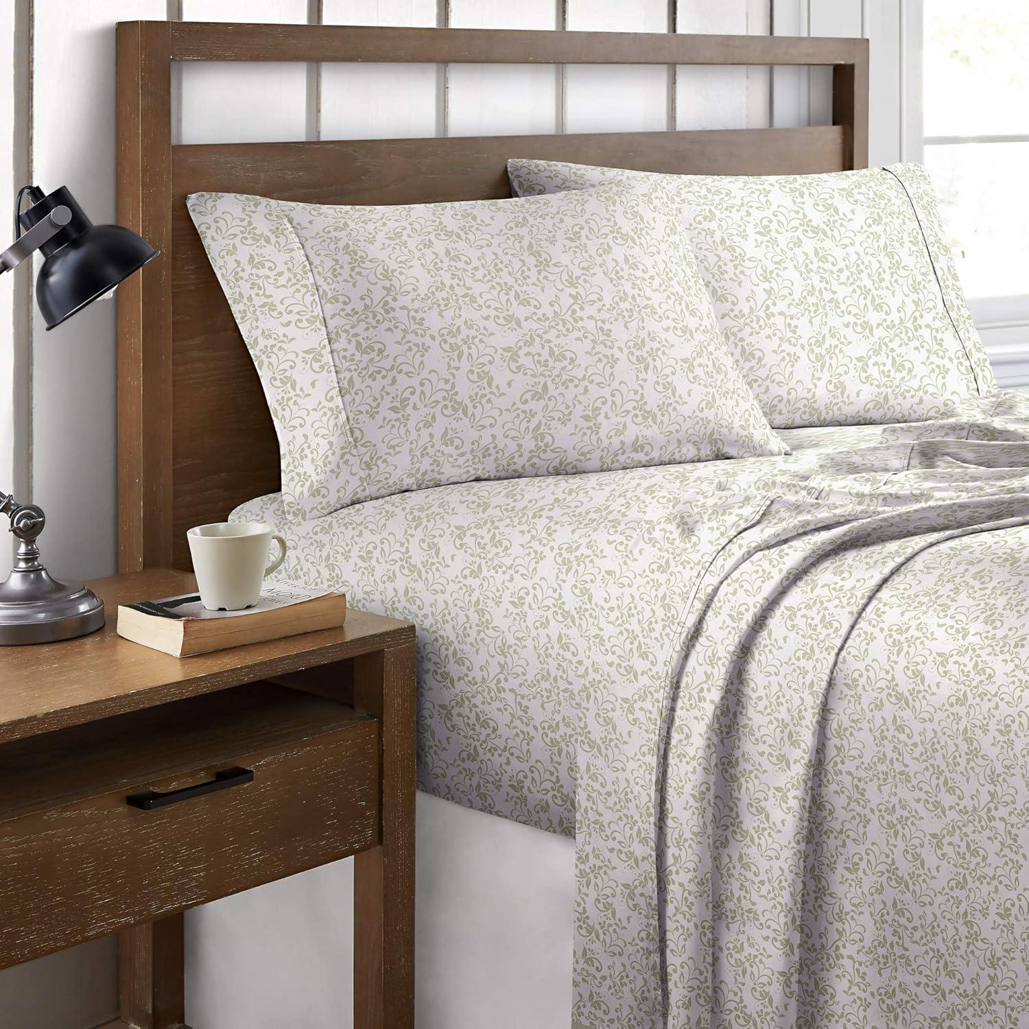 Queen Green Vines Cotton Percale Sheet Set