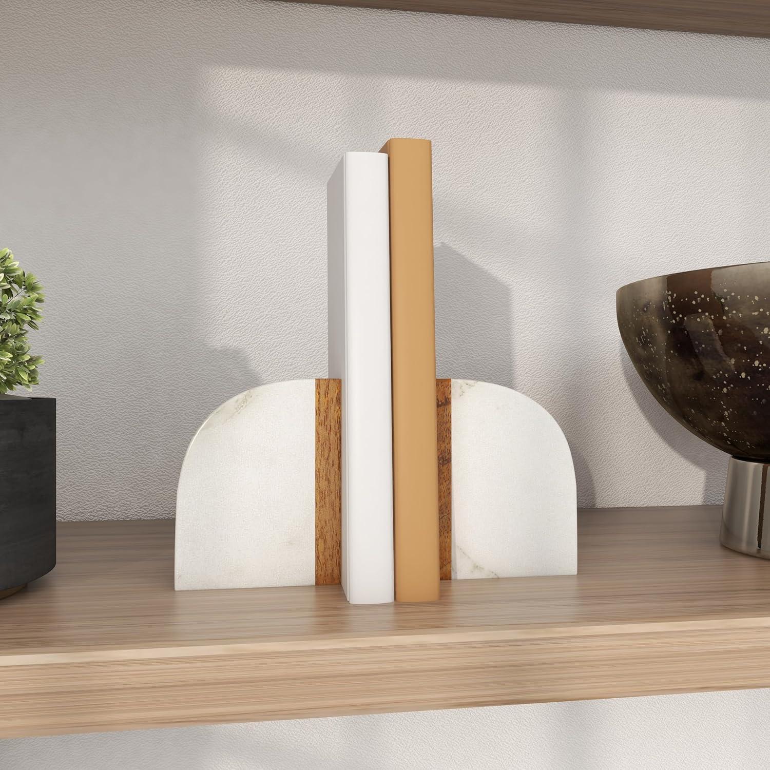 DecMode 4" 5 lbs White Marble Bookends with Wood Details (Set of 2)