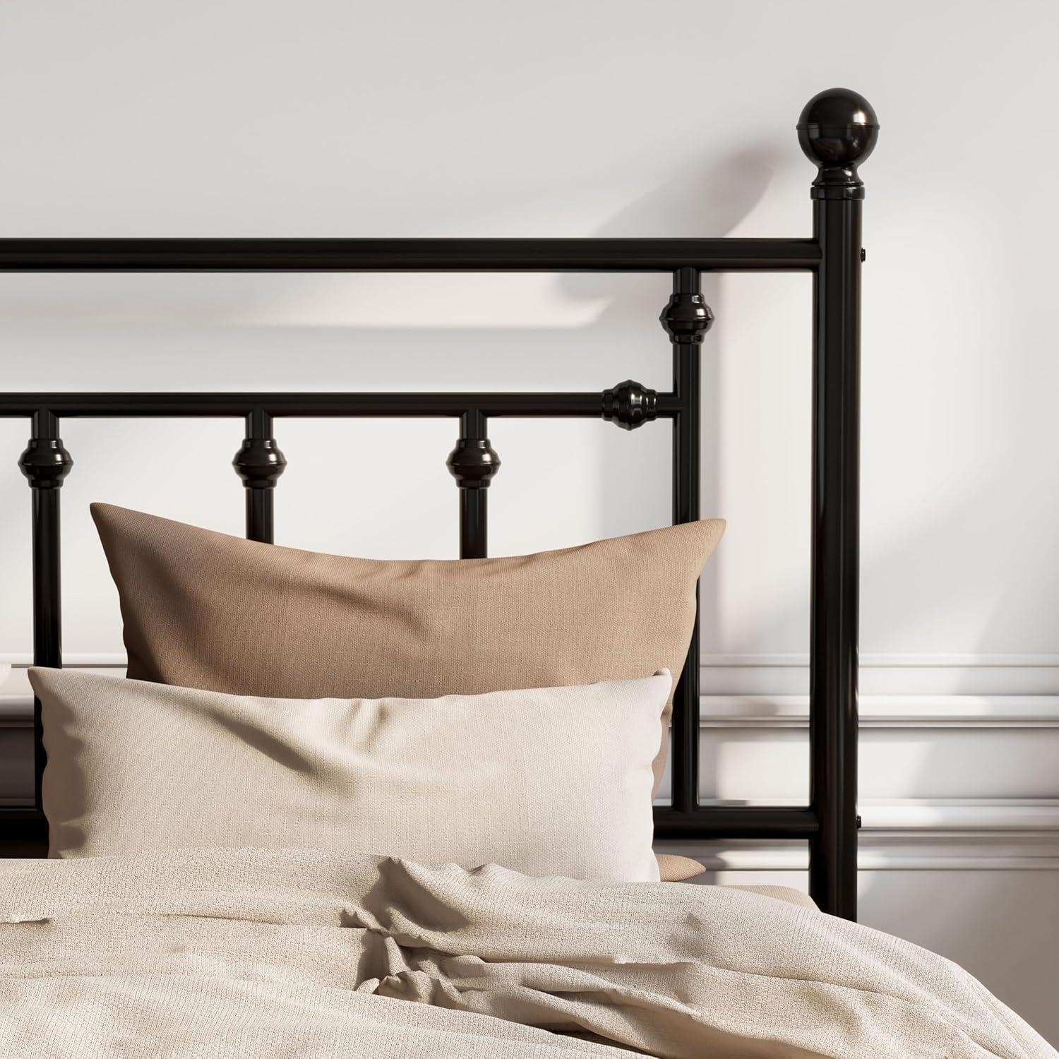 Black Metal Queen Platform Bed Frame with Victorian Headboard and Storage