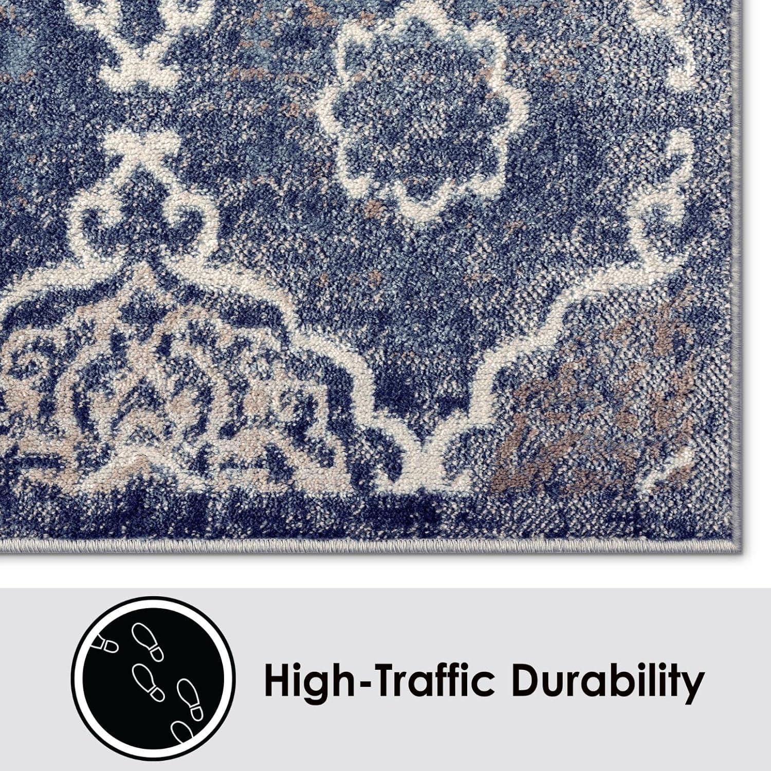 Ivory and Navy Blue Tufted Medallion Synthetic Area Rug, 5'2"x7'2"