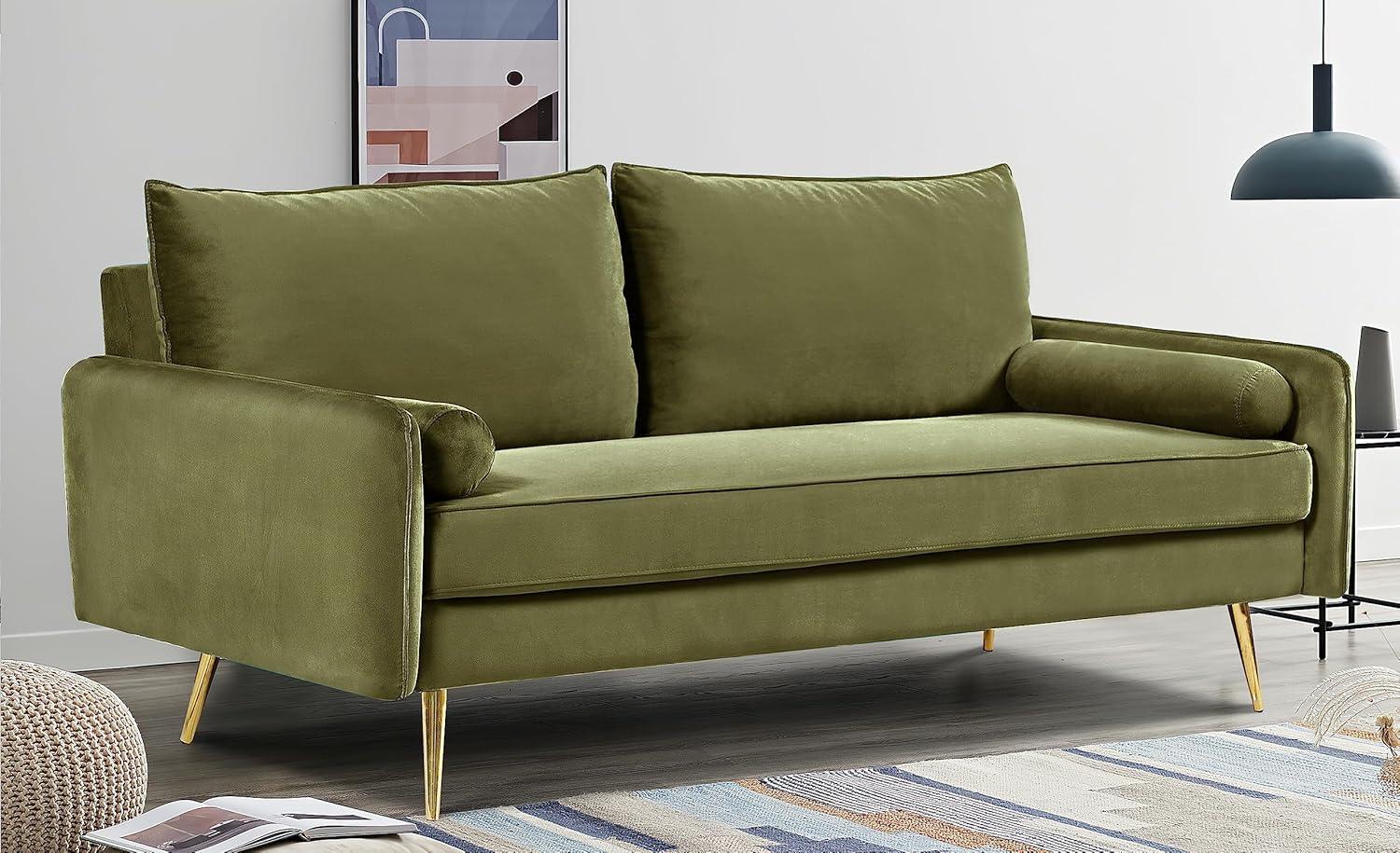 Olive Green Velvet Modern Loveseat with Tapered Legs