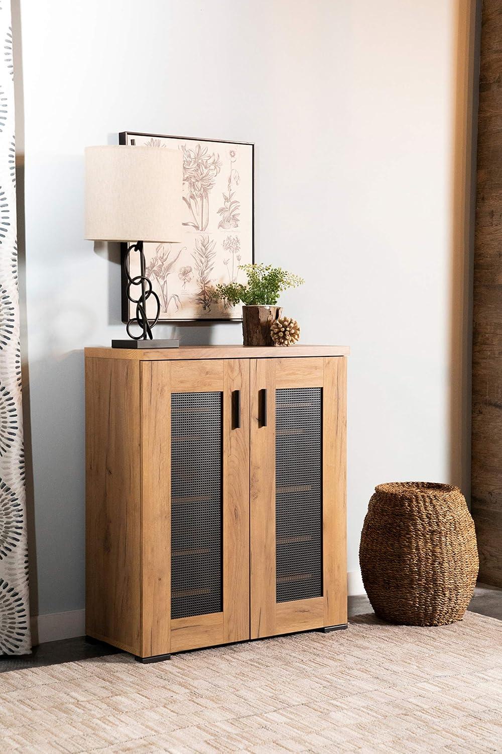 Golden Oak and Gunmetal Mesh Door Accent Cabinet