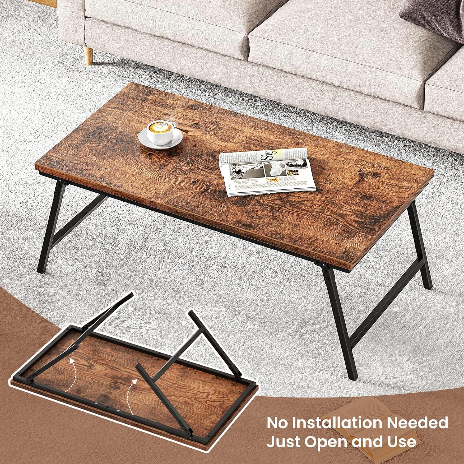 Flycity No Assembly Folding Coffee Table, Leg Latches Portable Sturdy Floor Table Desk for Sitting on The Floor, Low Coffee Table for Living Room, Home, Office, Rustic Brown, 41.34"×21.65"×15.75"