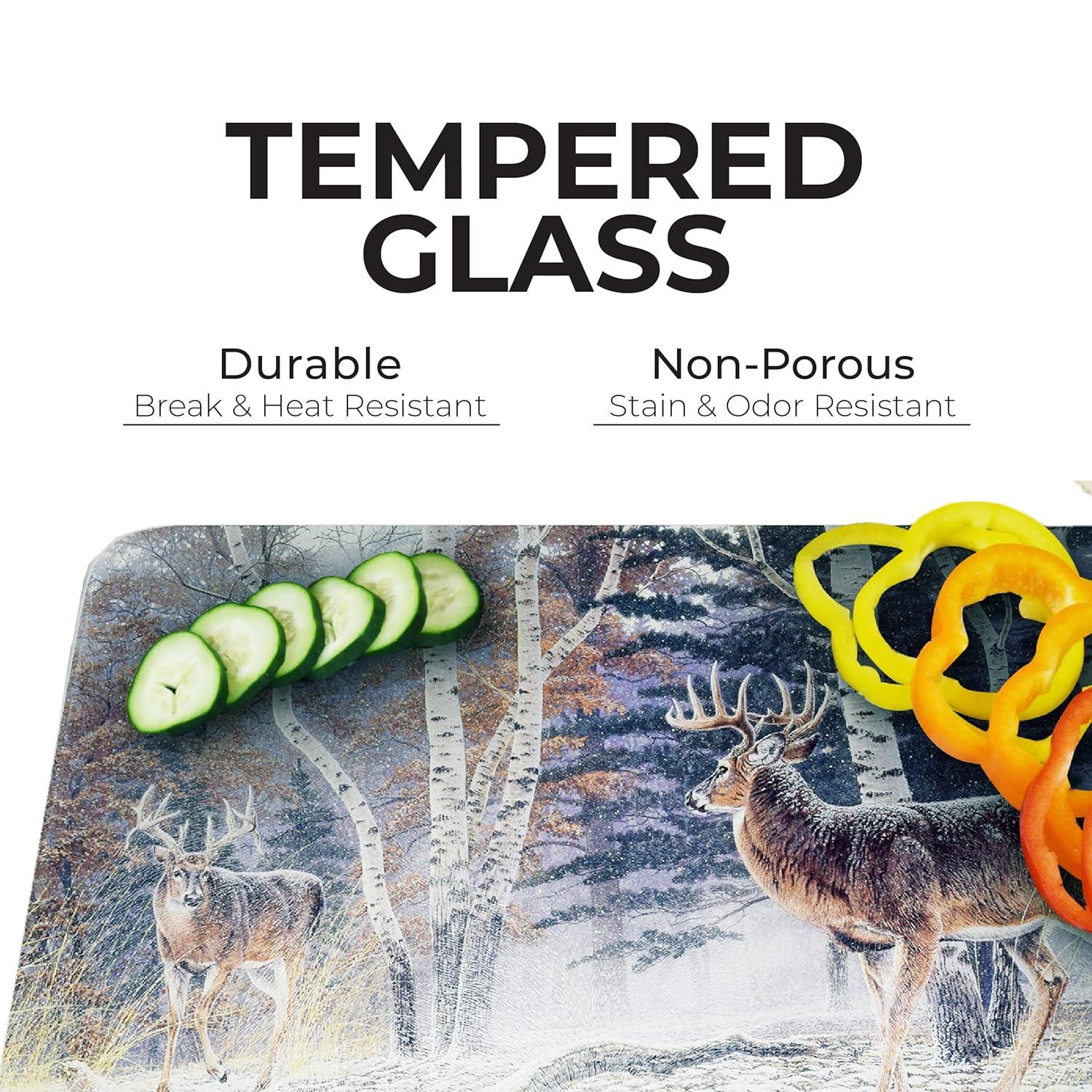 Rivers Edge Products Large 12in x 16in Decorative Tempered Glass Cutting Board, Hypoallergenic, Non Slip, Textured Surface Chopping Board for Kitchen, Deer in the Snow and Woods, Confrontation