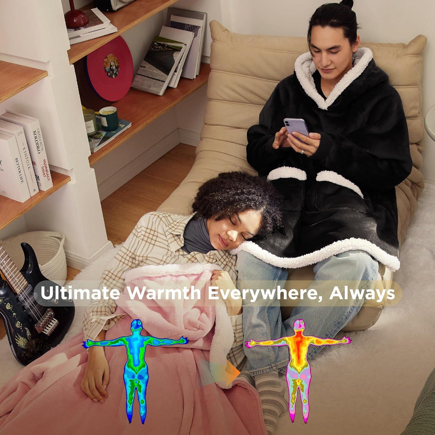 Bedsure Blanket Hoodie, Wearable Blanket for Adults & Kids as Gifts for Women Men, Birthday Gifts for Women Mom Girl Sherpa Oversized Hoodie, Black, Standard