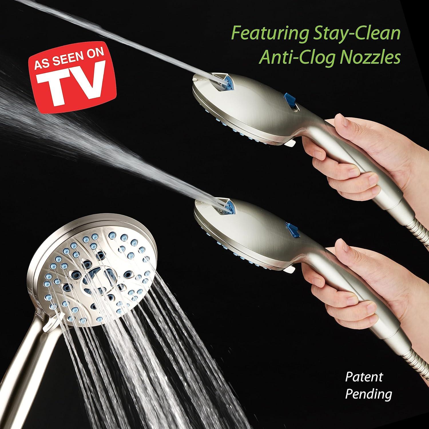 High Pressure 8-Mode Handheld Shower Head, Anti-Clog Nozzles, Built-In Power Wash To Clean Tub, Tile & Pets, Extra Long 6 Ft. Stainless Steel Hose, Wall & Overhead Brackets