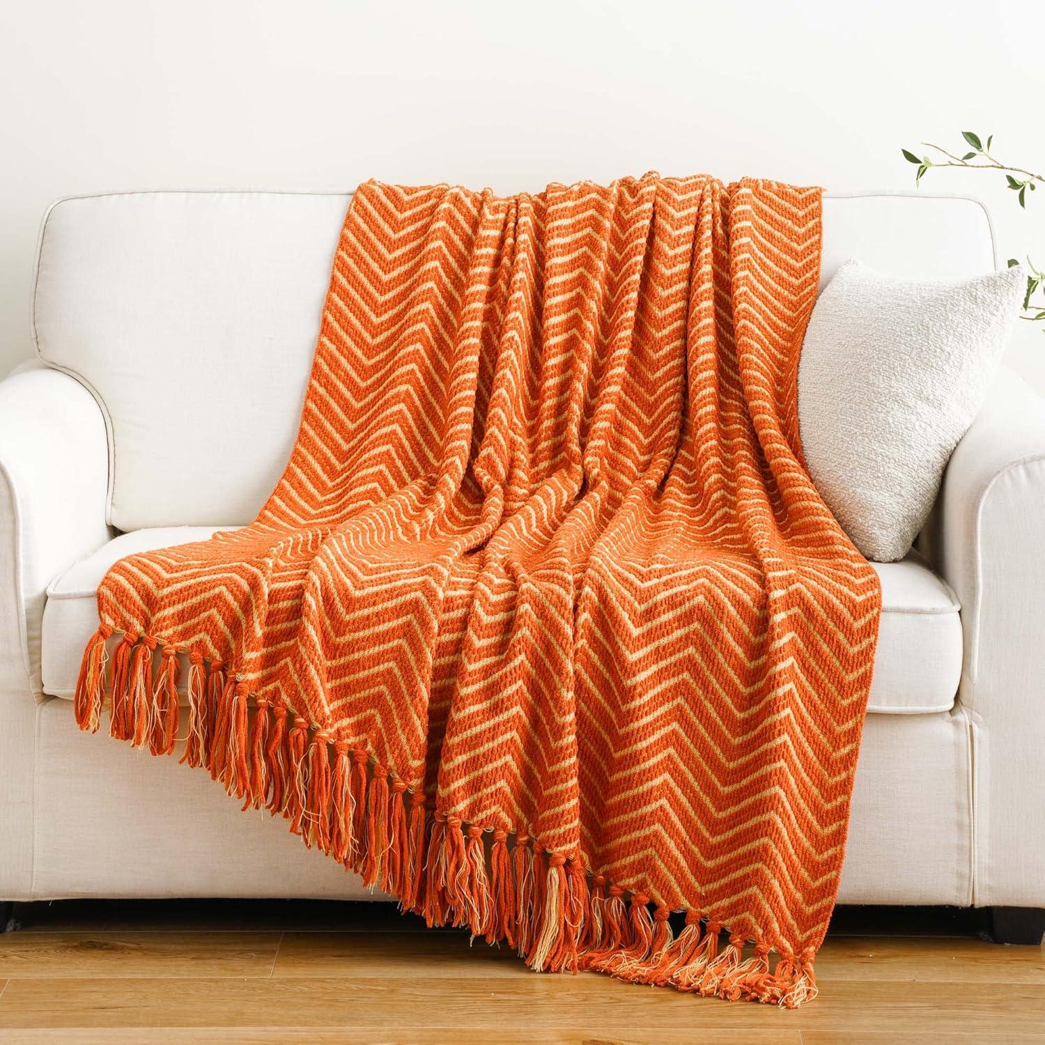 Orange Knitted Reversible Chenille Throw Blanket with Fringe, 50"x60"