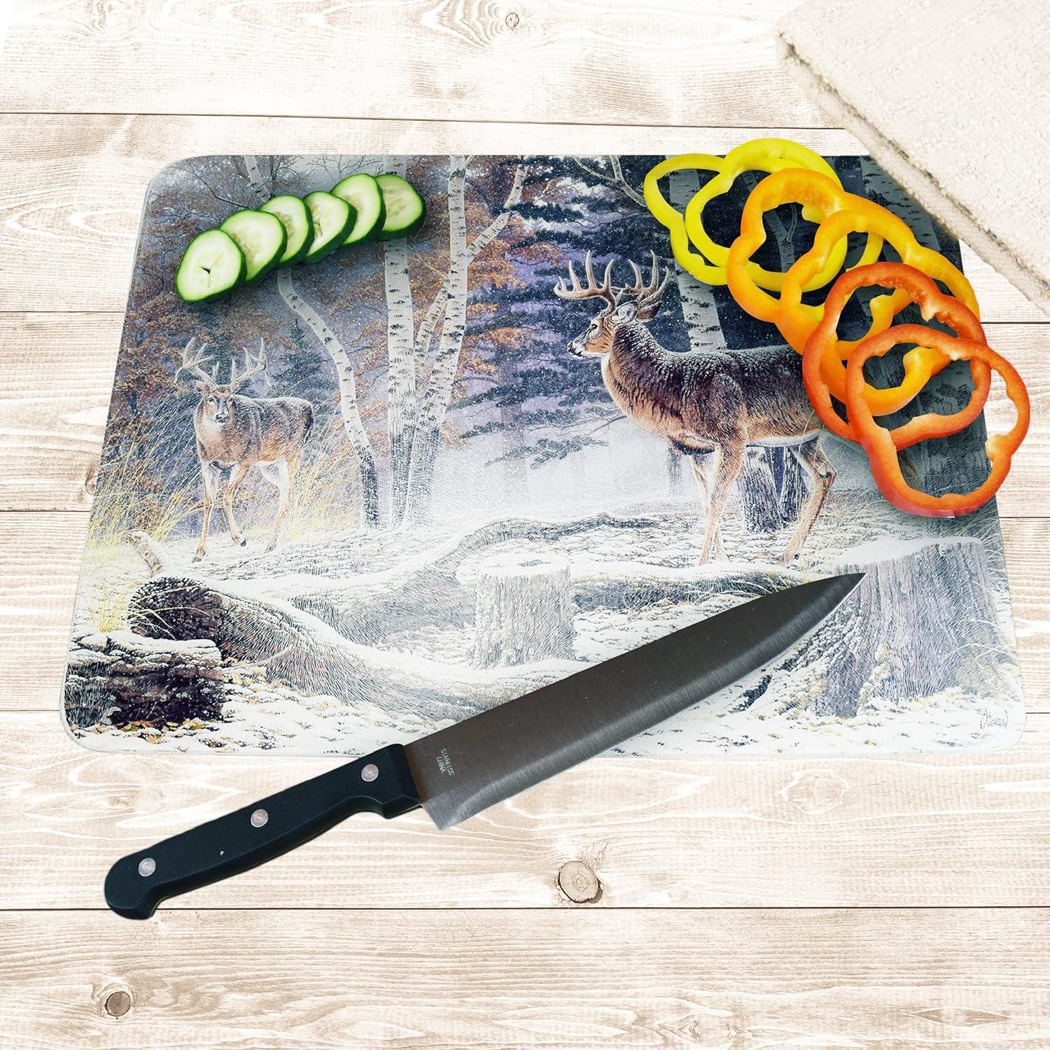 Rivers Edge Products Large 12in x 16in Decorative Tempered Glass Cutting Board, Hypoallergenic, Non Slip, Textured Surface Chopping Board for Kitchen, Deer in the Snow and Woods, Confrontation