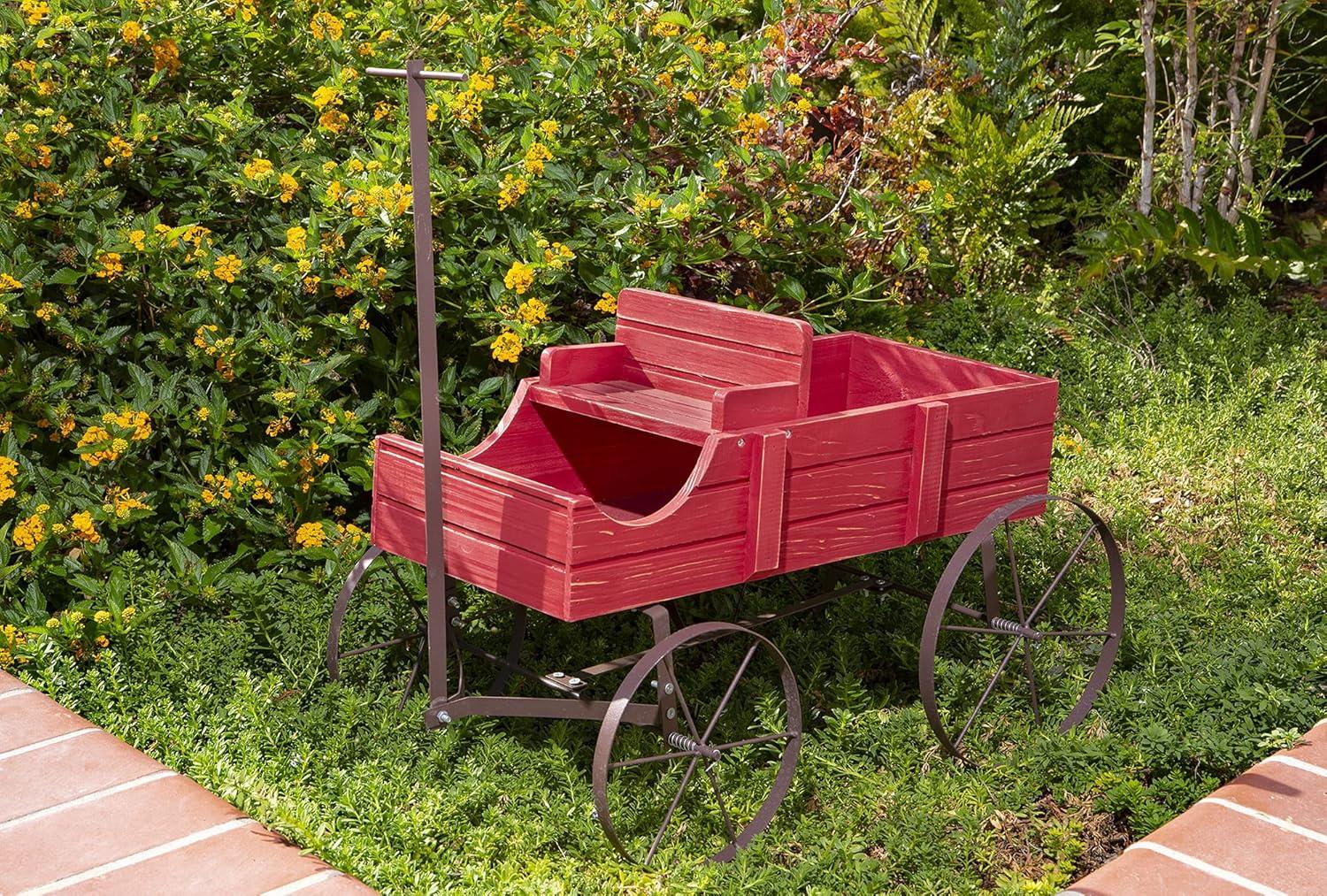 Shine Company Large Cedar Wood Decorative Buckboard Wagon Planter in Red