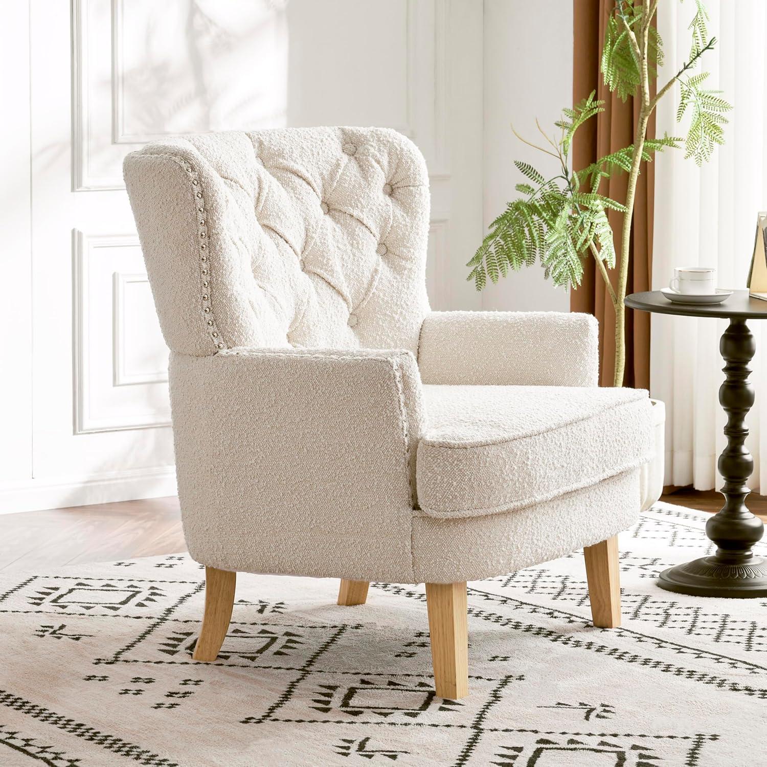 Handcrafted White Boucle Barrel Accent Chair with Oak Legs