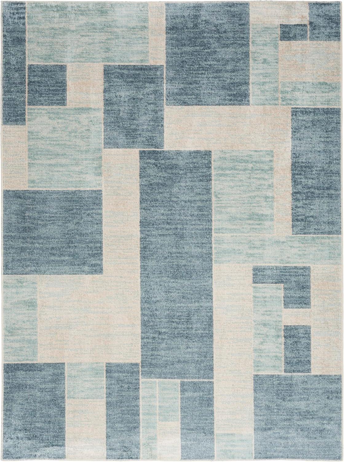 Nourison Astra Machine Washable Contemporary Color Block Indoor Rug Blue Ivory 5'3" x 7'