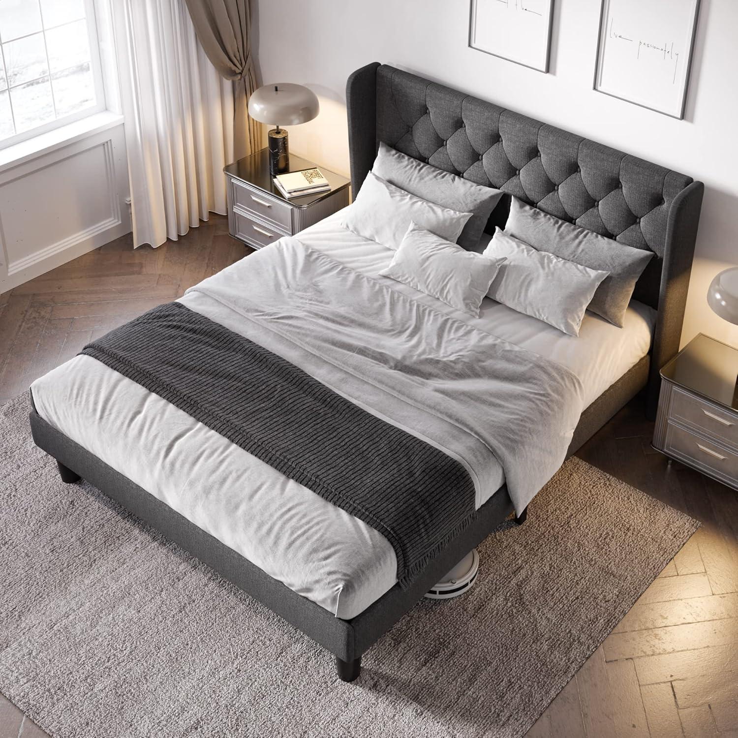 Dark Grey Full Size Upholstered Bed Frame with Tufted Headboard