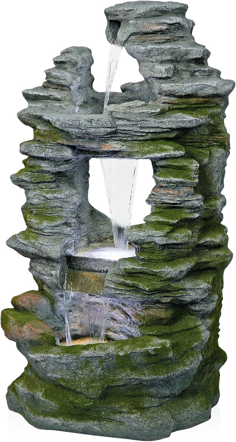 Alpine Corporation 39" Stacked Stone Rainforest Fountain: Polyresin, LED-Lit, Outdoor Decor
