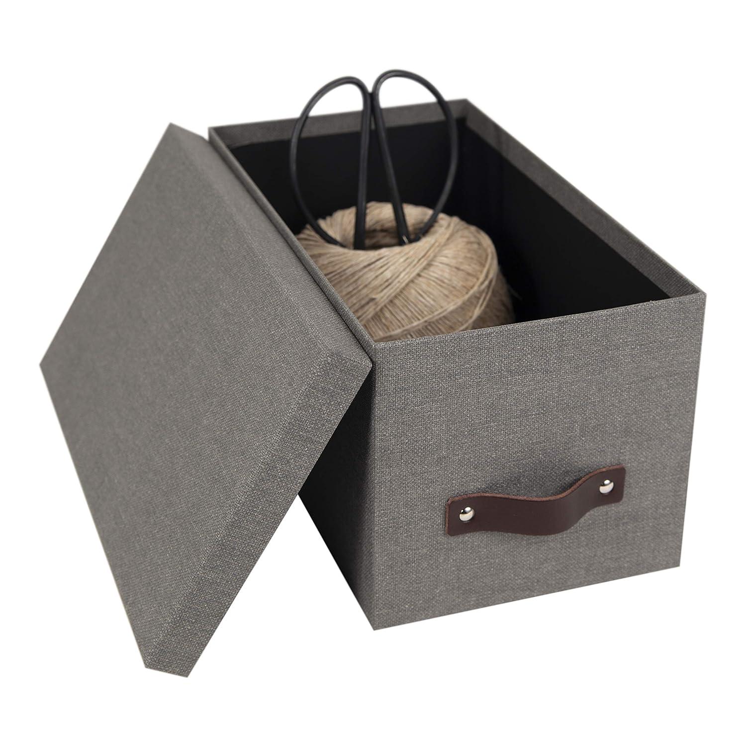 Bigso Silvia Organizational Storage Box with Leather Handle for Shelves and Stacks Easily - Durable and Decorative Storage Boxes with Lids - 5.9 in x 6.5 in x 11.6 in - Gray