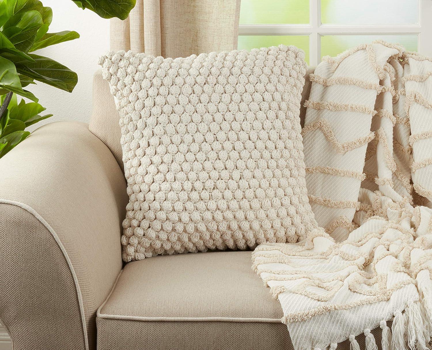 20"x20" Oversize Down Filled Crochet Pom-Pom Square Throw Pillow - Saro Lifestyle