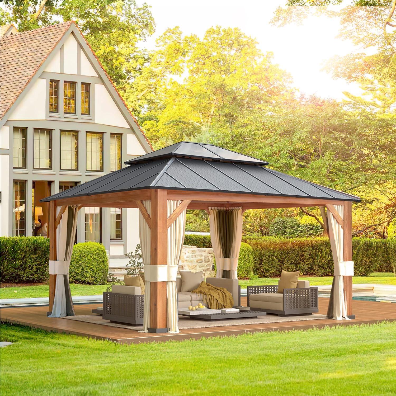 Erommy Outdoor Galvanized Steel Roof Gazebo Pergola w Wooden Coated Alumninum Frame, Privacy Curtains and Nettings Include Ultra Thick 12' x 14'