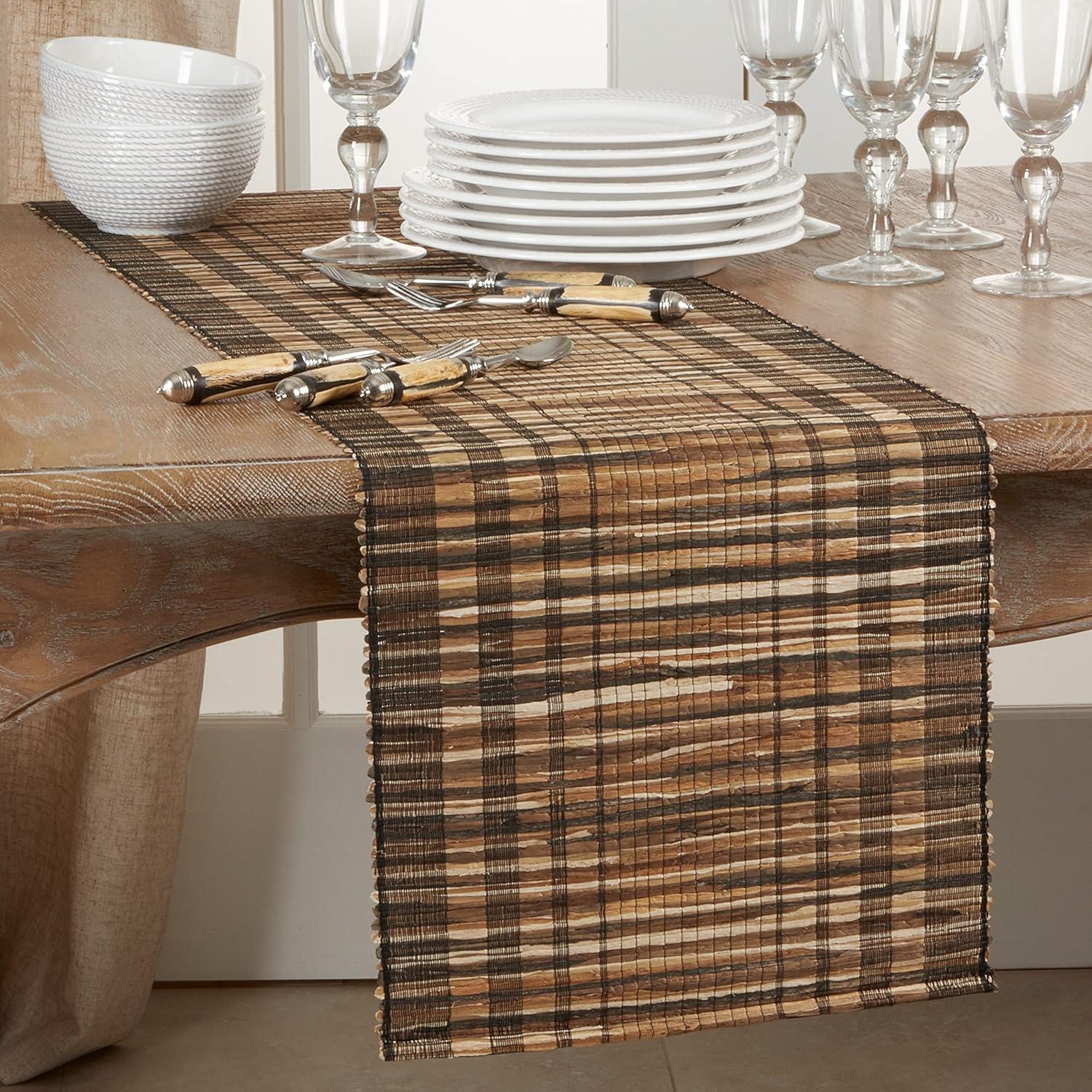 Fennco Styles Classic Striped Texture Water Hyacinth Table Linen 14"x72" Table Runner, Black