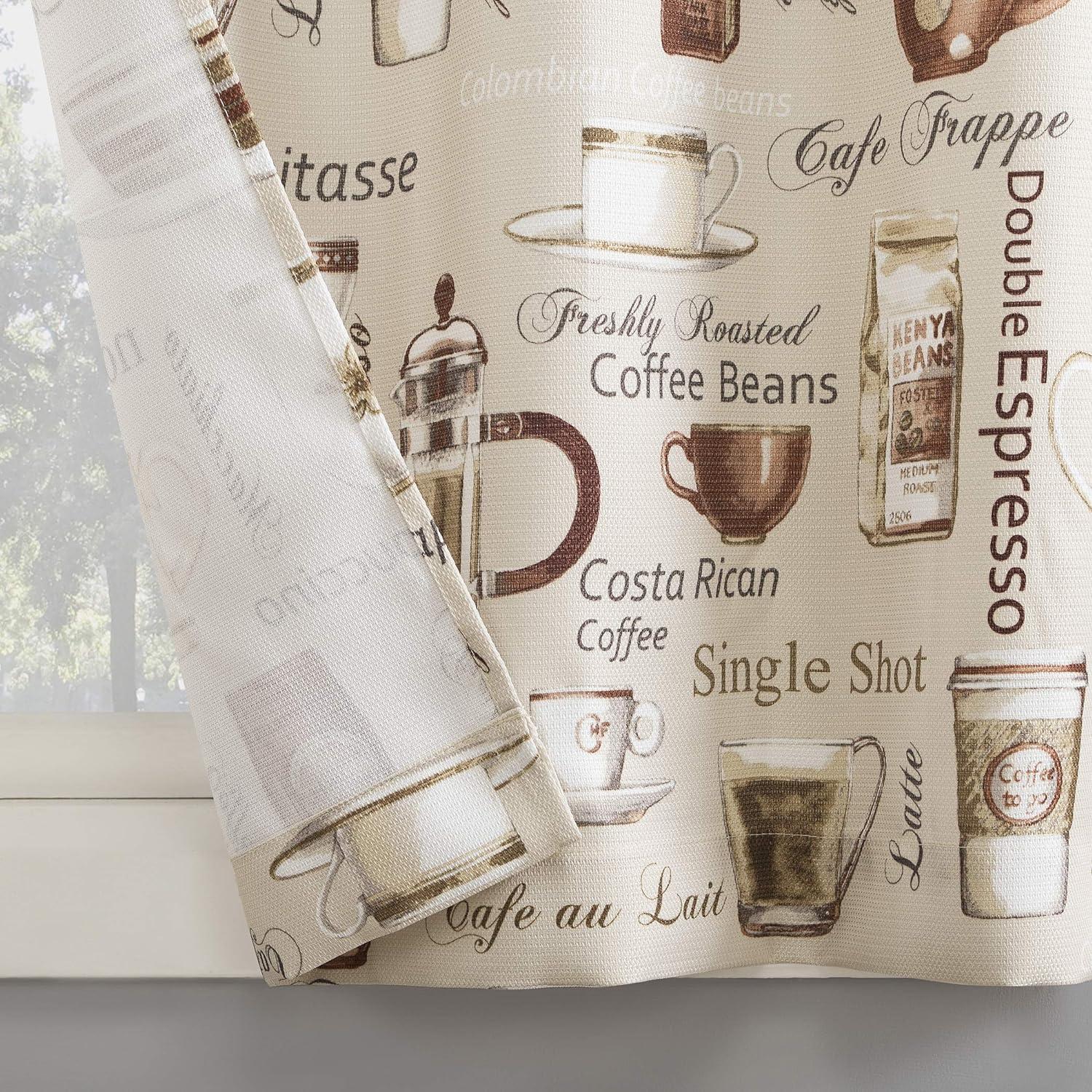 Ivory Coffee Shop Print Semi-Sheer Rod Pocket Kitchen Curtain Set