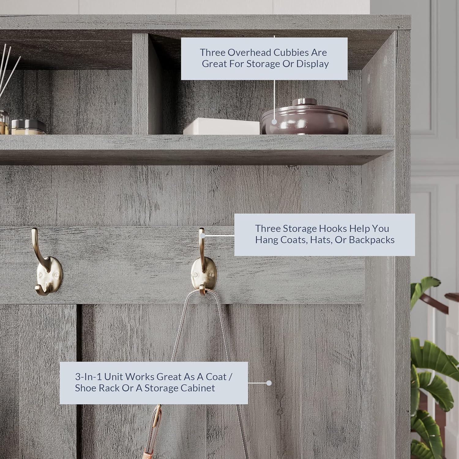 BELLEZE Hilo Hall Tree, 3-in-1 Coat Rack, Storage Bench, Shoe Rack, Gray Wash