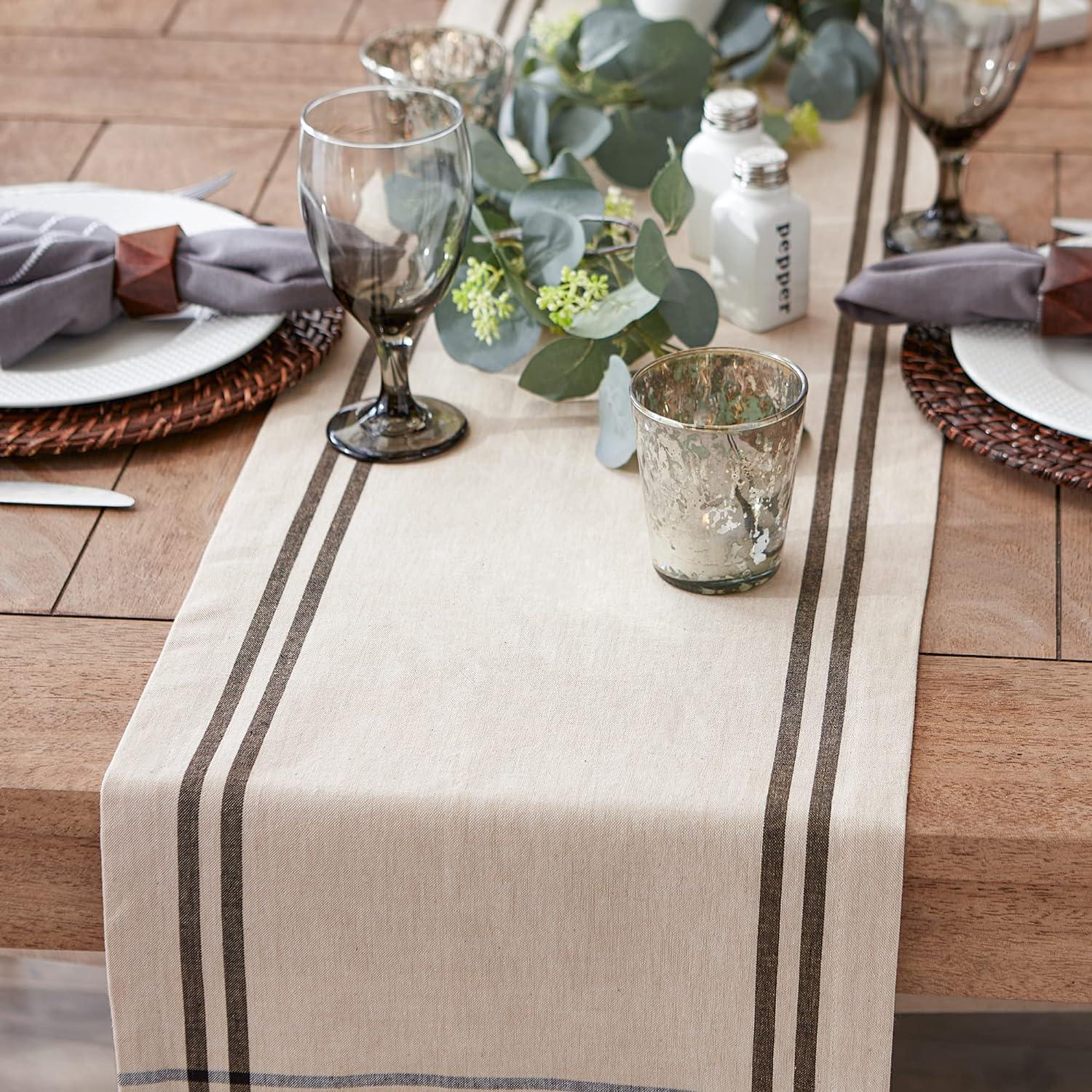 DII 14x108" Modern Cotton French Stripe Table Runner in Beige/Black