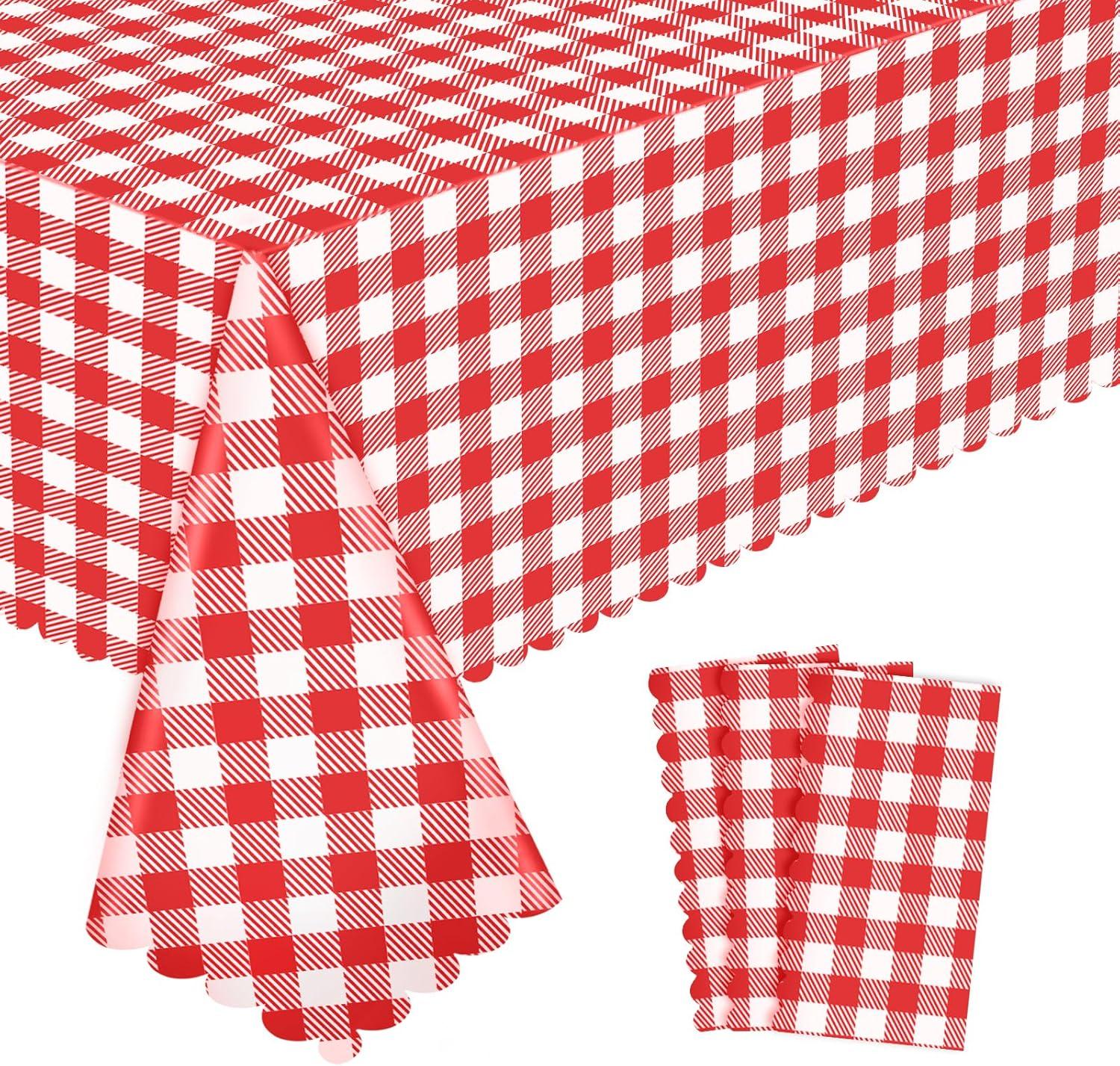 ARCOCO-3 Pack Red and White Checkered Tablecloth, 54 X 108Inch Plastic Red Gingham Table Cloth Disposable Spring Picnic Tablecloths Waterproof Red Checkered Table Cover for BBQ Picnic Barbecue Birthd