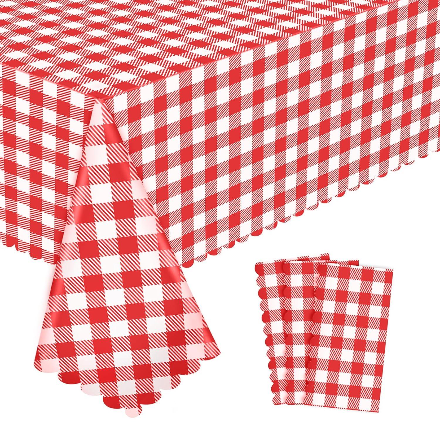 ARCOCO-3 Pack Red and White Checkered Tablecloth, 54 X 108Inch Plastic Red Gingham Table Cloth Disposable Spring Picnic Tablecloths Waterproof Red Checkered Table Cover for BBQ Picnic Barbecue Birthd