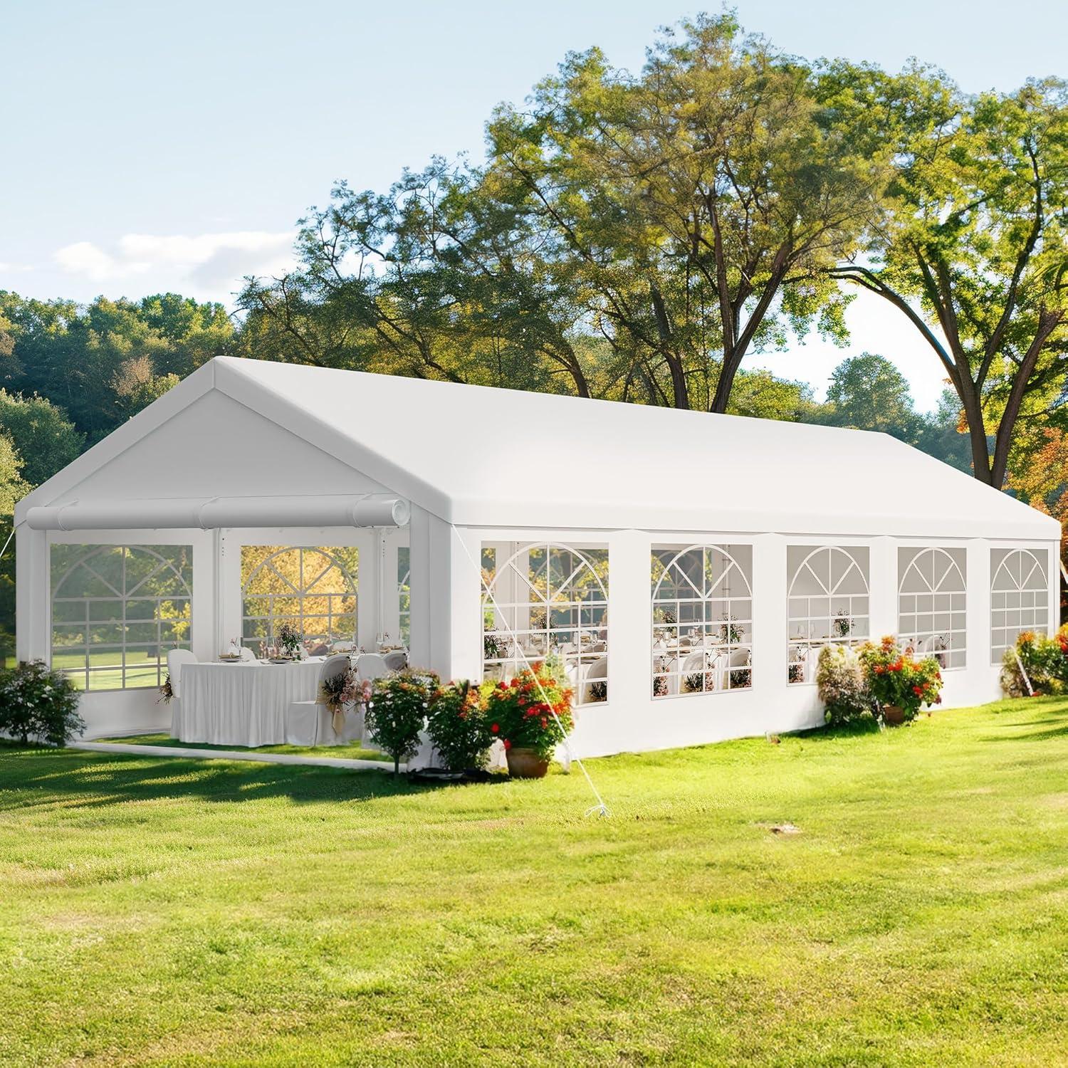 Dextrus 16x32FT Party Tent Heavy Duty PVC Wedding Event Shelters White Upgraded Galvanized Ripple Canopy with Large Roof Removable Sidewalls & 3 Storage Bags 600D Oxford Commercial