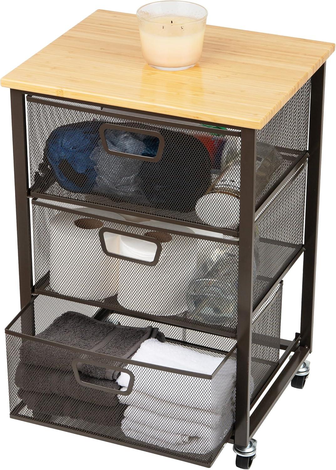 Black Metal Mesh Rolling Storage Cart with Wooden Top