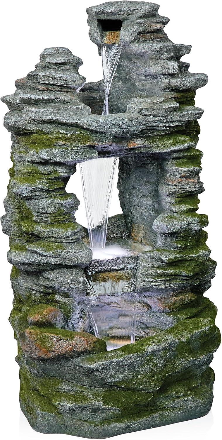 Alpine Corporation 39" Stacked Stone Rainforest Fountain: Polyresin, LED-Lit, Outdoor Decor