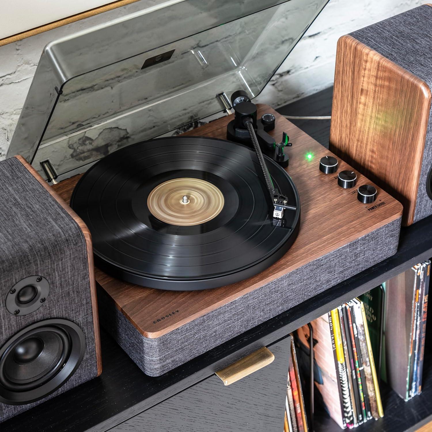 Charcoal and Brown Bluetooth Record Player with Speakers