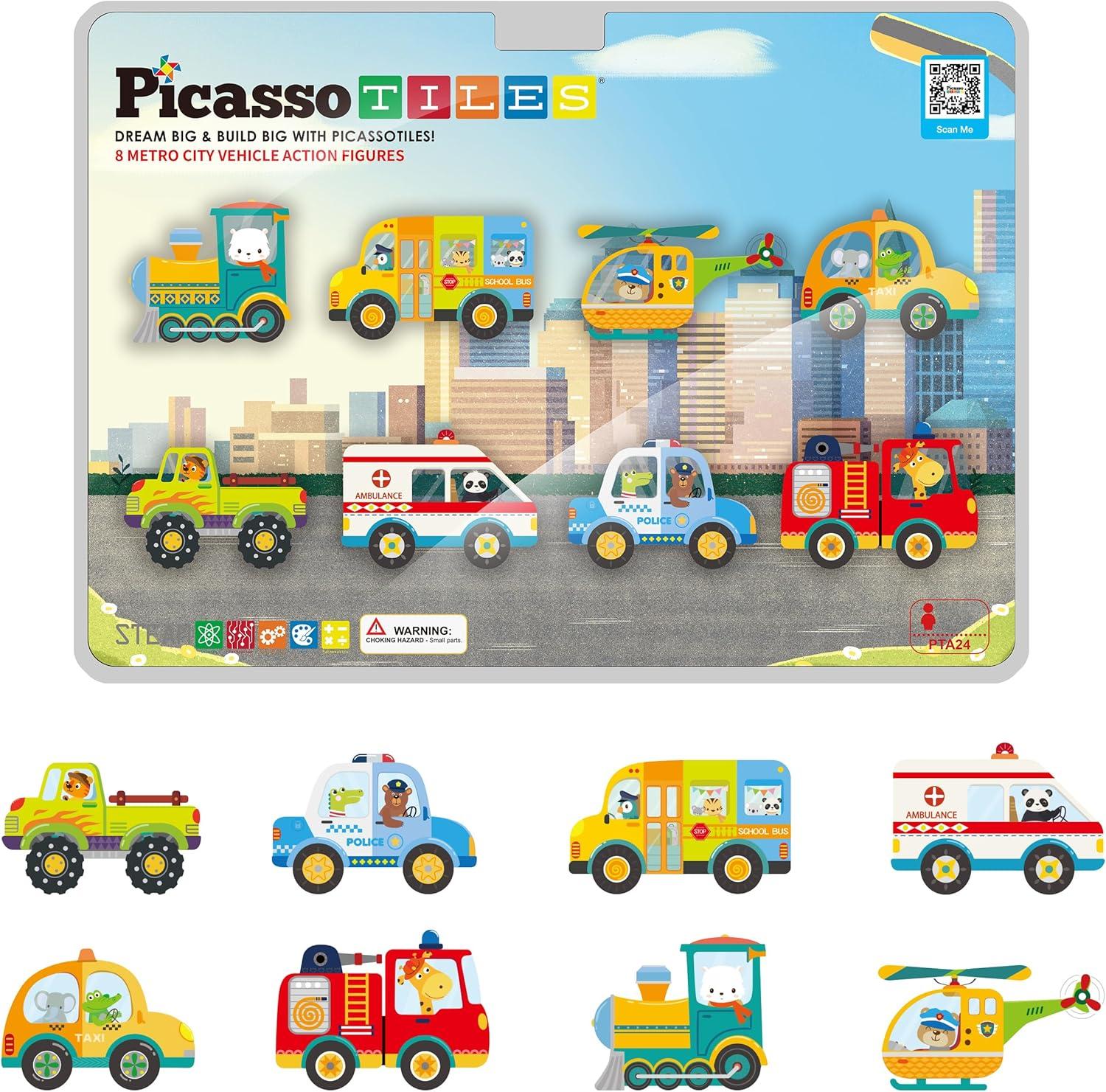 Picasso-TILES 8 PC Metro City Vehicle Themed, Magnetic Tiles, Building Blocks, STEM Toys for Kids 3+
