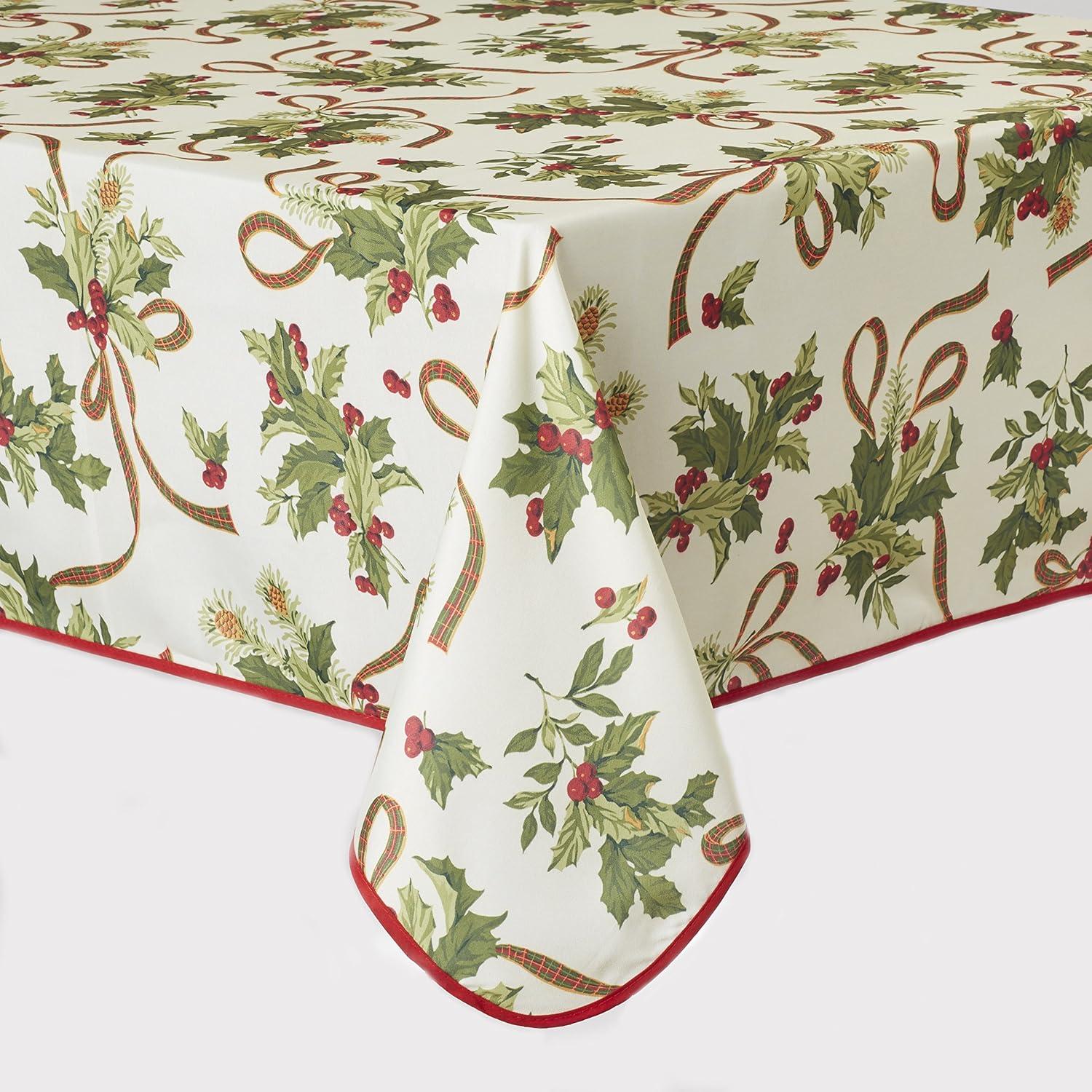 European Seasonal Christmas Ribbons Tablecloth Beige 60" Round