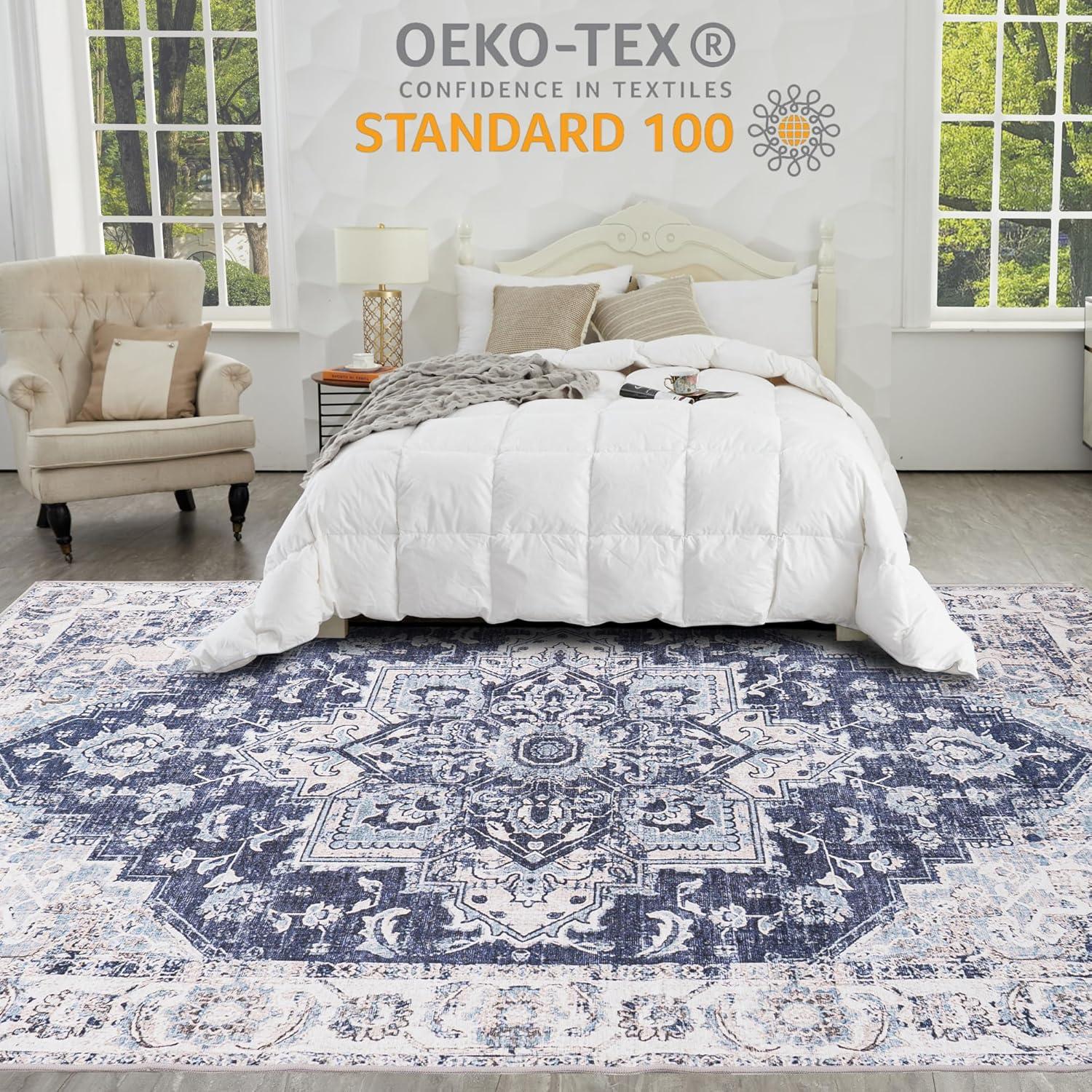 Washable Area Rug 5x7, Blue Rug for Living Room, Non Slip Low Pile Carpet for Bedroom, Dinning Room (Vintage Blue, 5'x7')