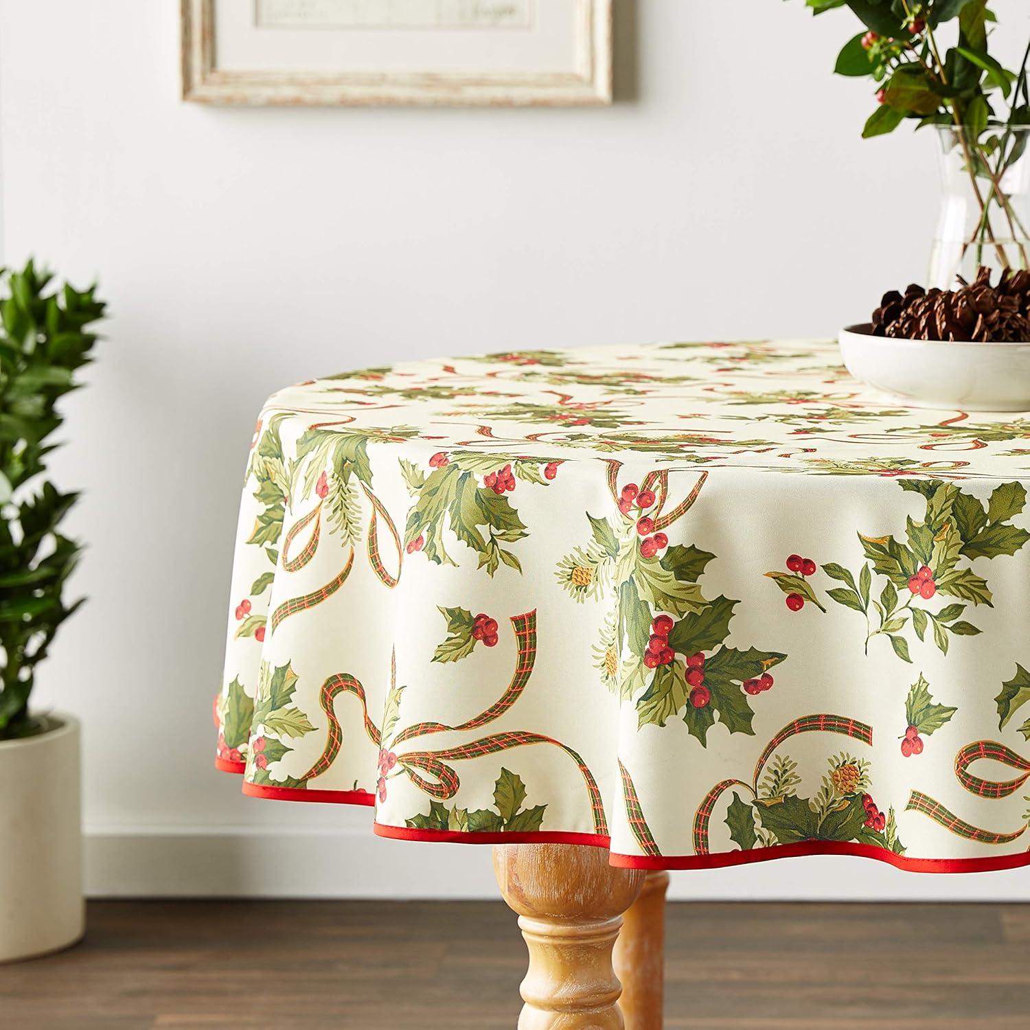European Seasonal Christmas Ribbons Tablecloth Beige 60" Round