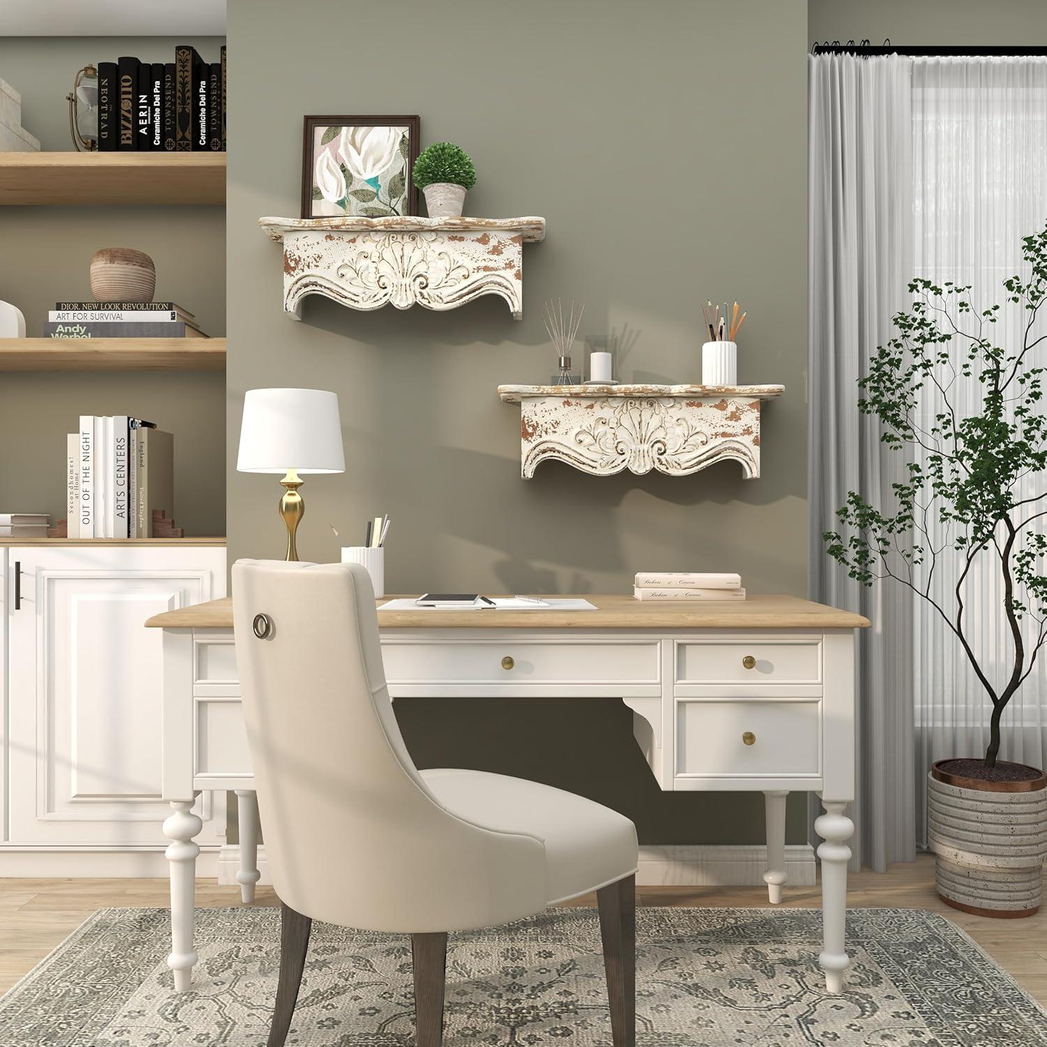 Kelly Clarkson Home Elicia White Wood Scroll Distressed 1 Shelf Room Wall Shelf