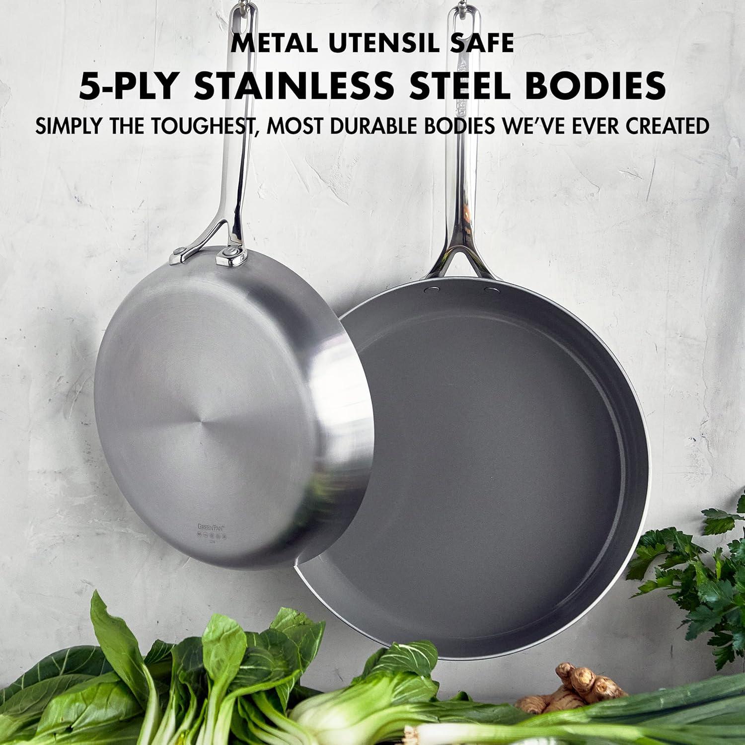 GreenPan GP5 Stainless Steel 5-PLY Healthy Ceramic Nonstick 2pc FryPan Set 10" & 12" PFAS-Free