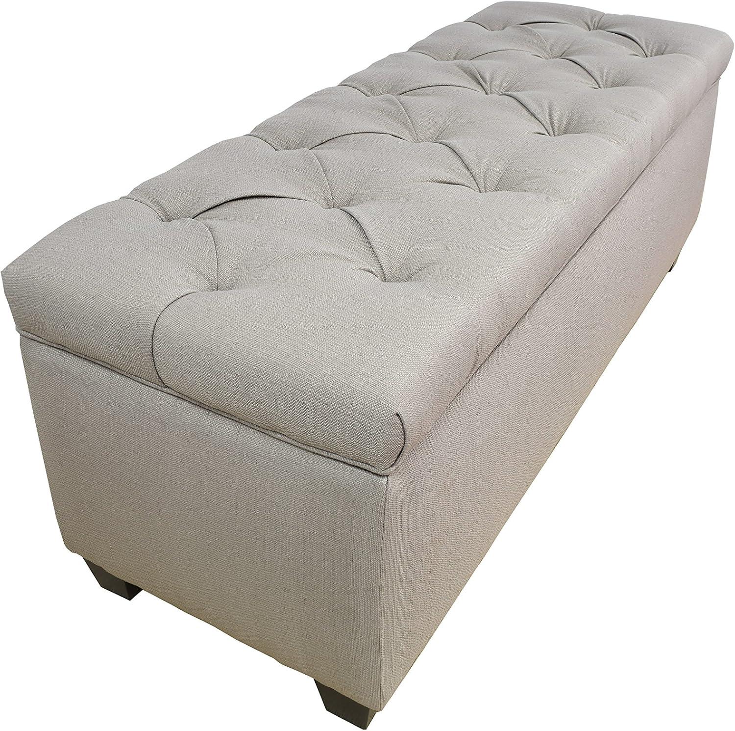 Sand Linen Upholstered Storage Bench with Diamond Tufting