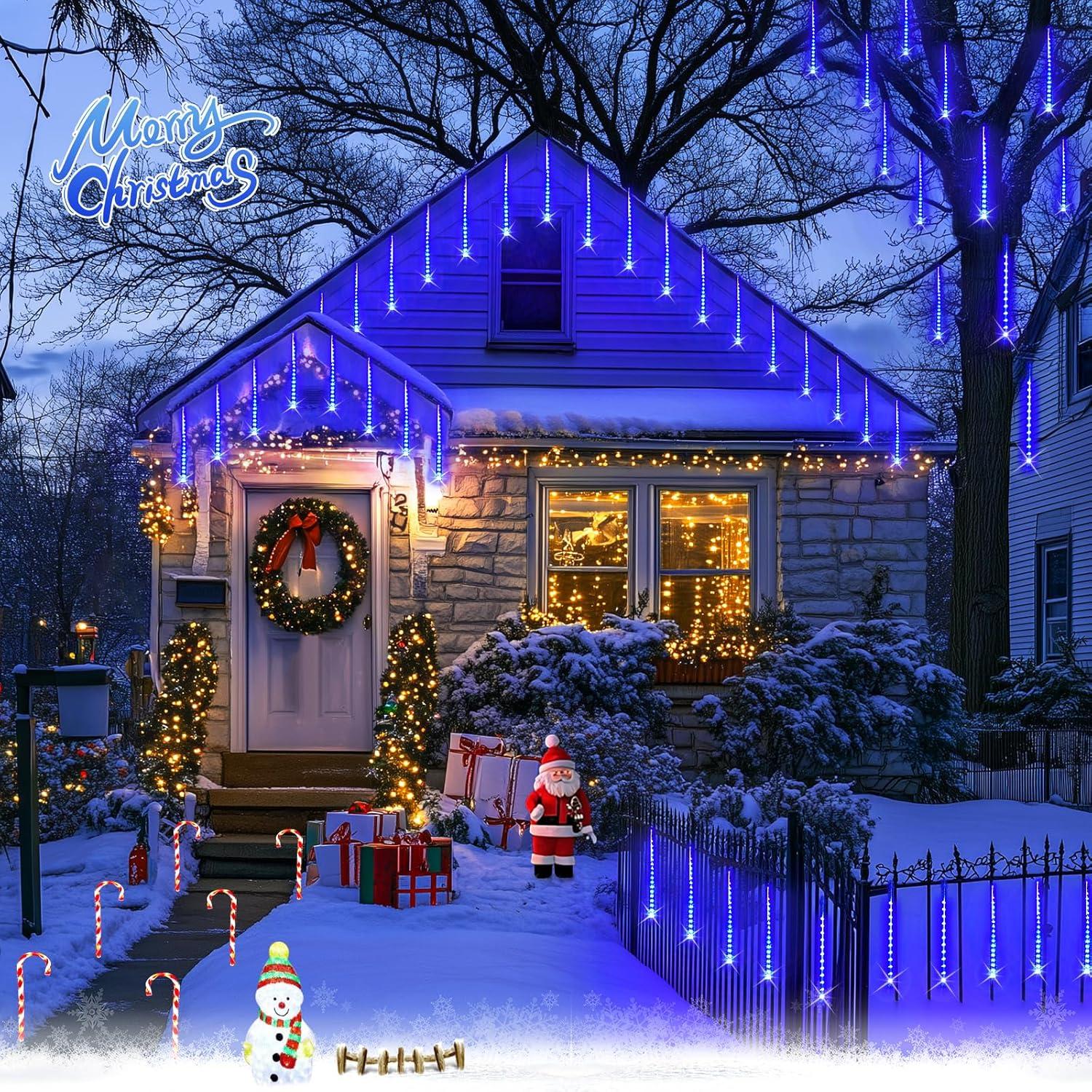 YZhouD 30cm 8-Tube 144 LED Warm White Solar Meteor Rain Lights - Falling Fairy String Lights for Xmas Tree, Wedding, Holiday Party Decor