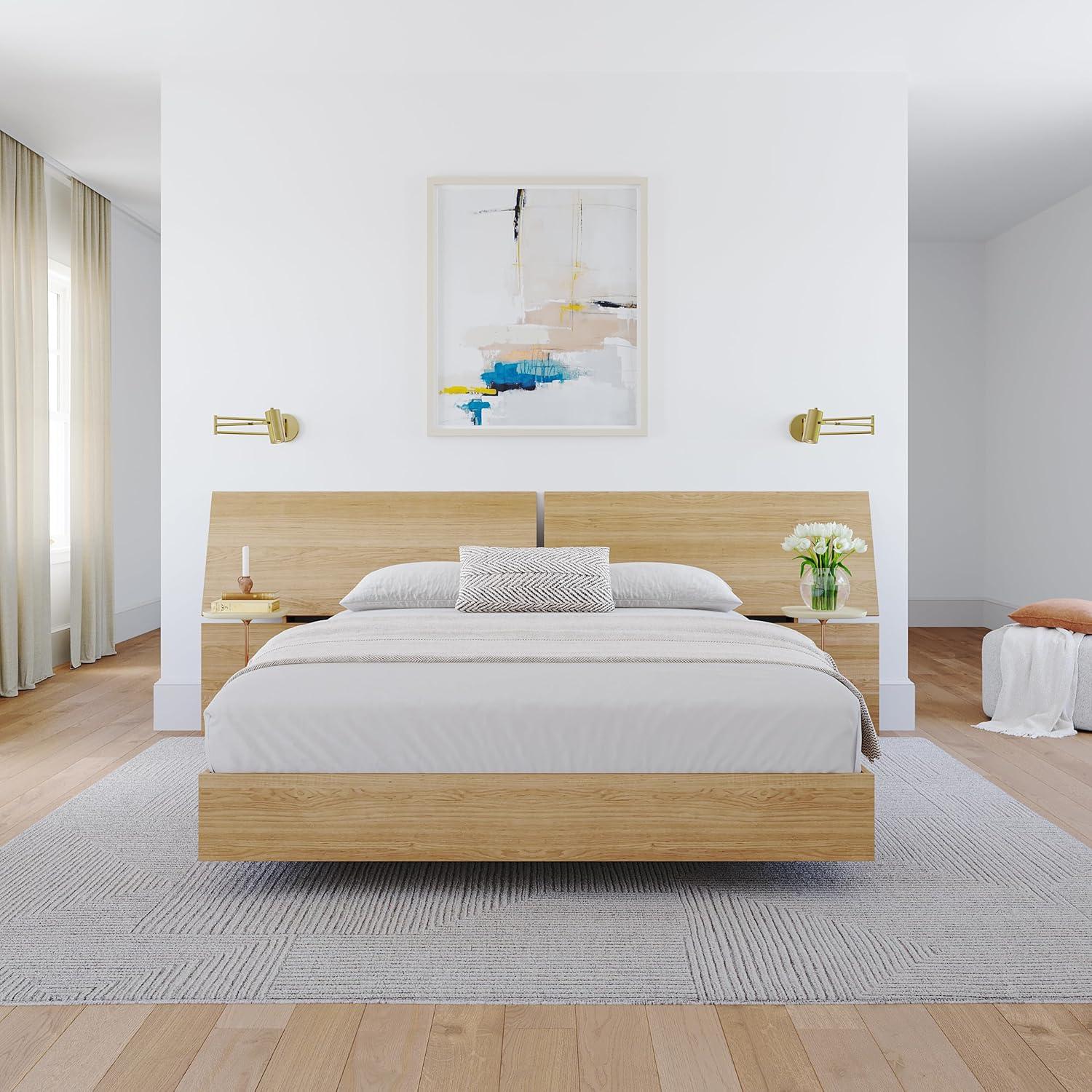 Nexera Kabane Platform Bed with Panoramic Headboard, Natural Maple