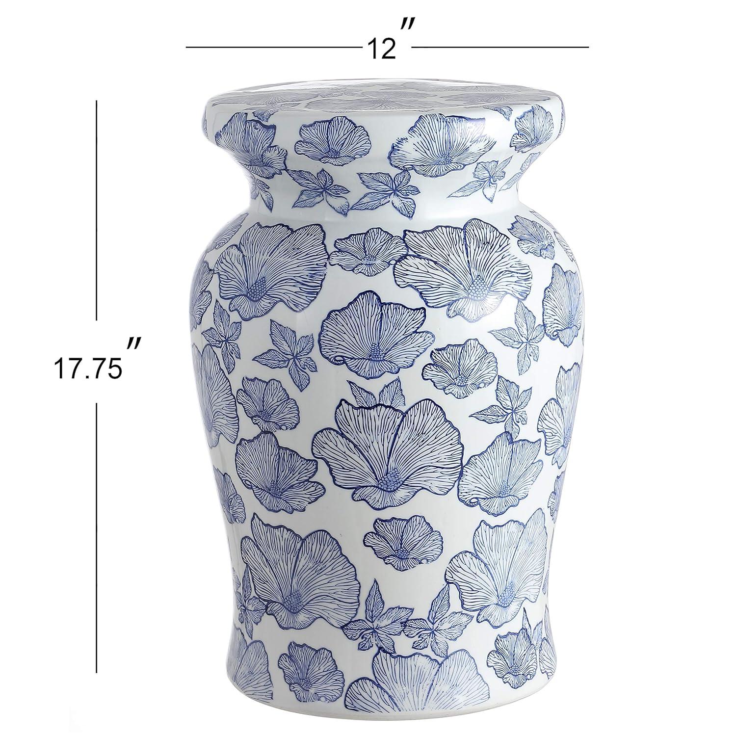 JONATHAN Y Poppies 17.7" Ceramic Garden Stool, White/Blue