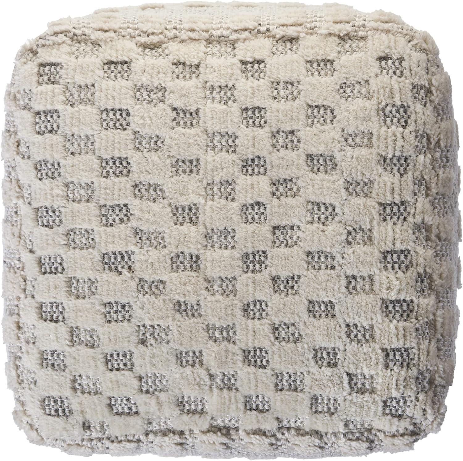 LR Home Small Over-tufted Geometric Indoor Square Pouf, Cream, 18" x 18" x 14"