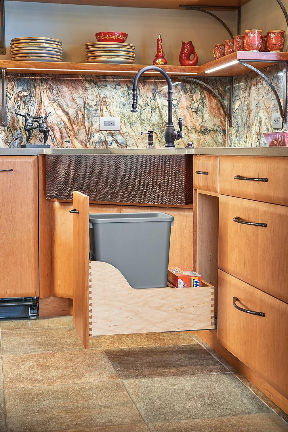 Rev-A-Shelf Pullout Trash Can for Kitchen Cabinets 35 Qt 8.75 Gal Bottom Mounted, Rear Storage, Undermount Soft-Close Slides, Silver, 4WCSC-1535DM-1
