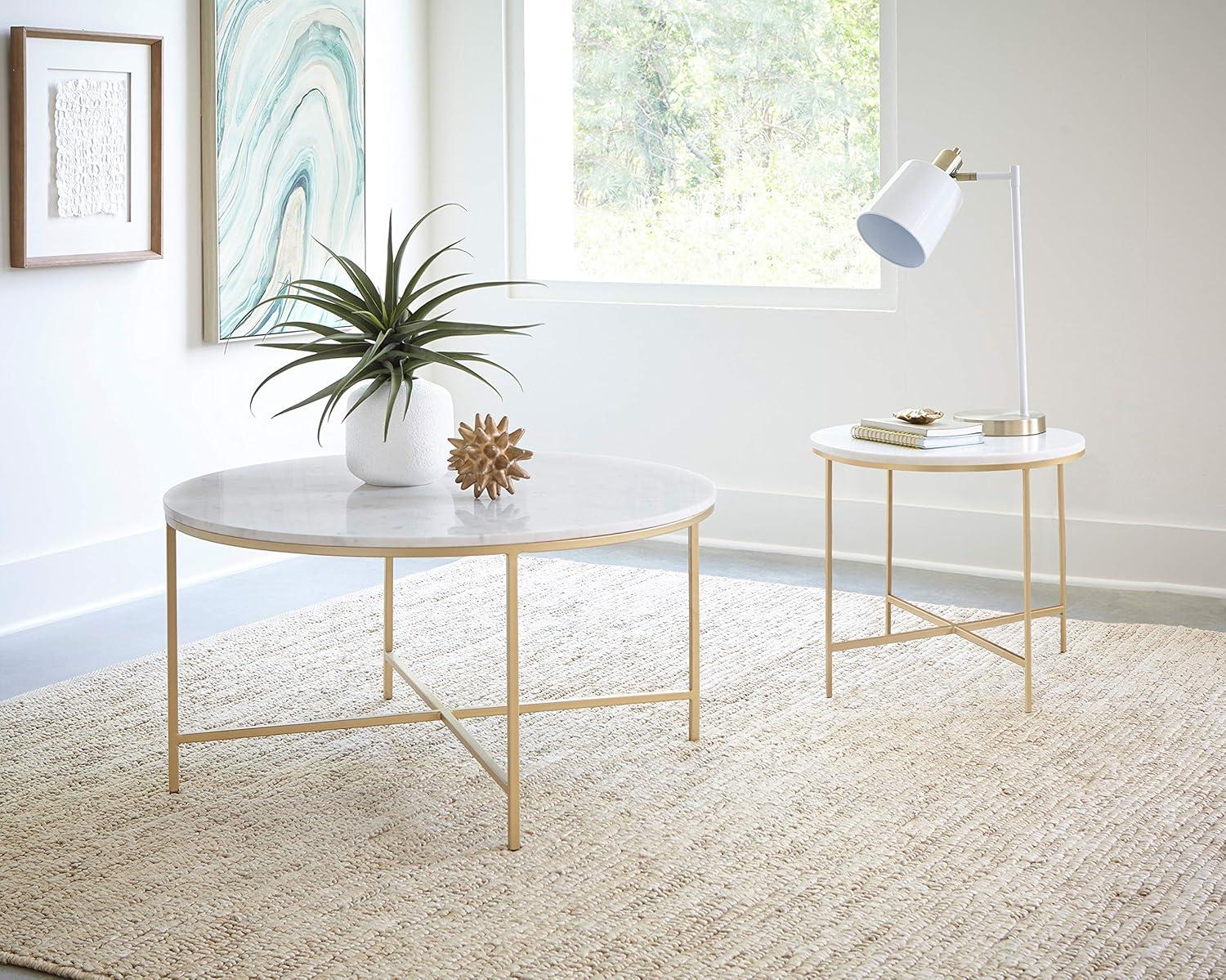 Round White Marble Top End Table with Gold Metal Base