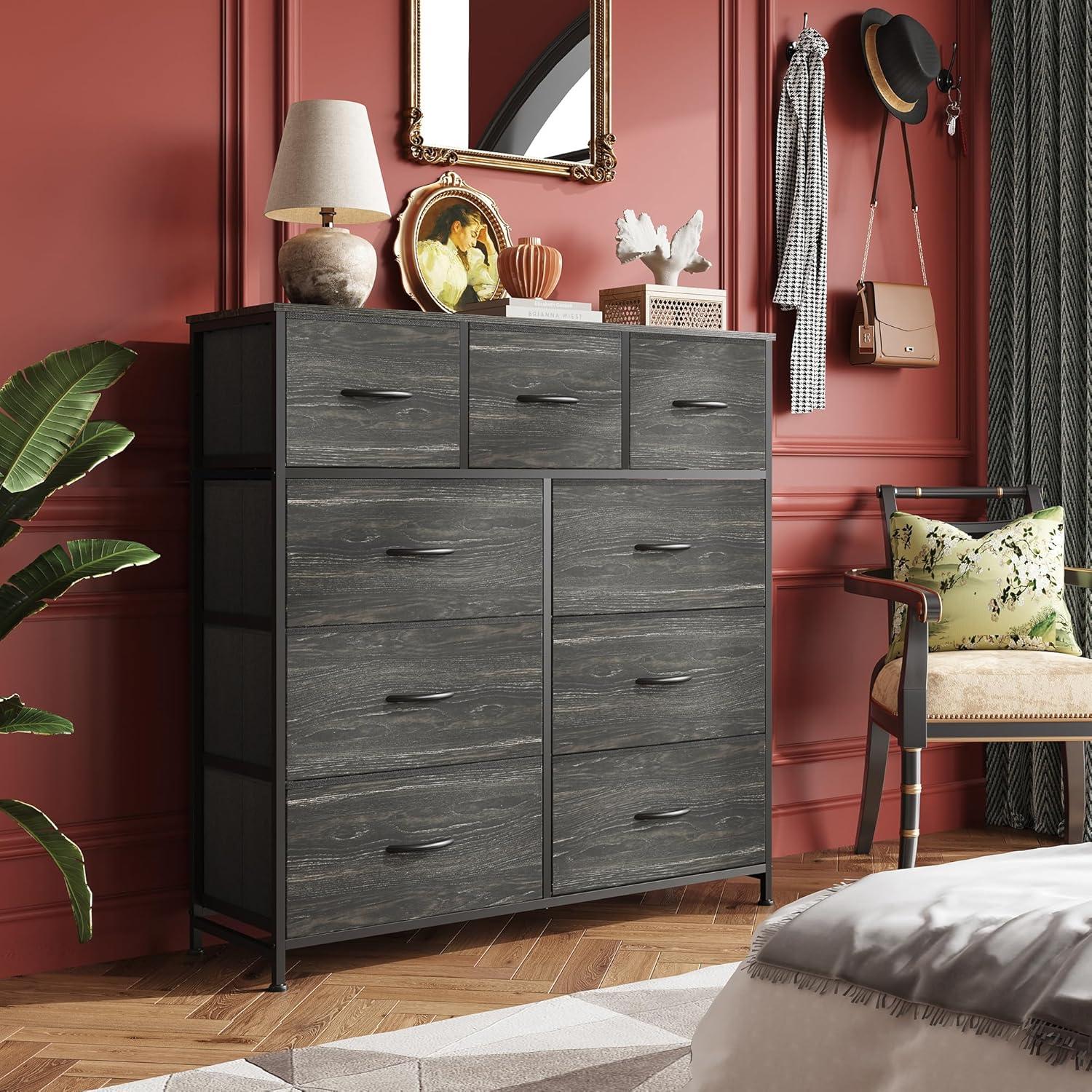 Charcoal Black 9-Drawer Fabric Storage Dresser with Wood Grain Top