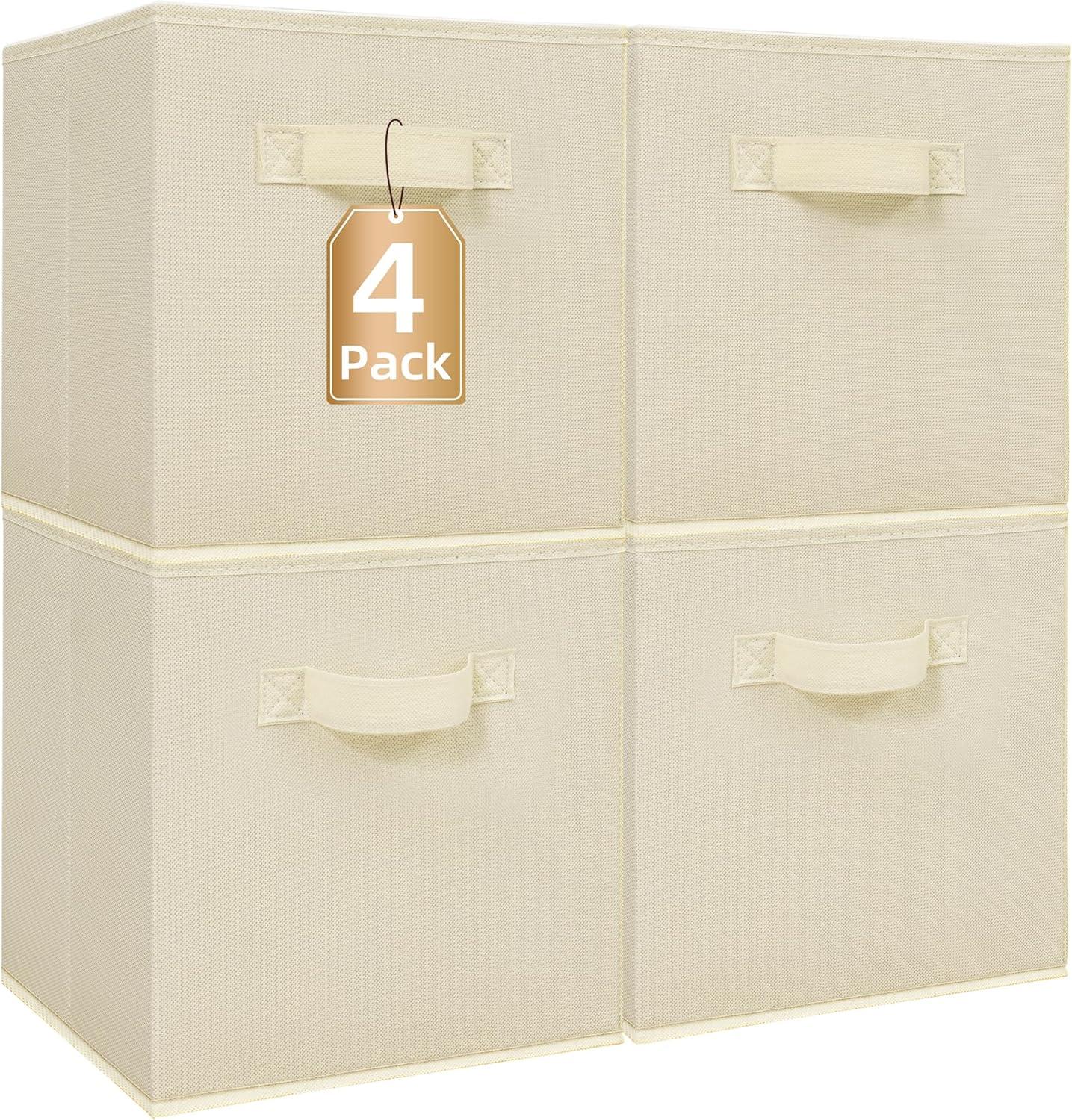 STORAGE MANIAC Storage Cubes, 11 Inch Collapsible Storage Bins with Handles, 4 Pack Fabric Foldable Bins for Organization, Durable Storage Bins for Closet, Shelves, Offices, Toys, 4-Pack Beige