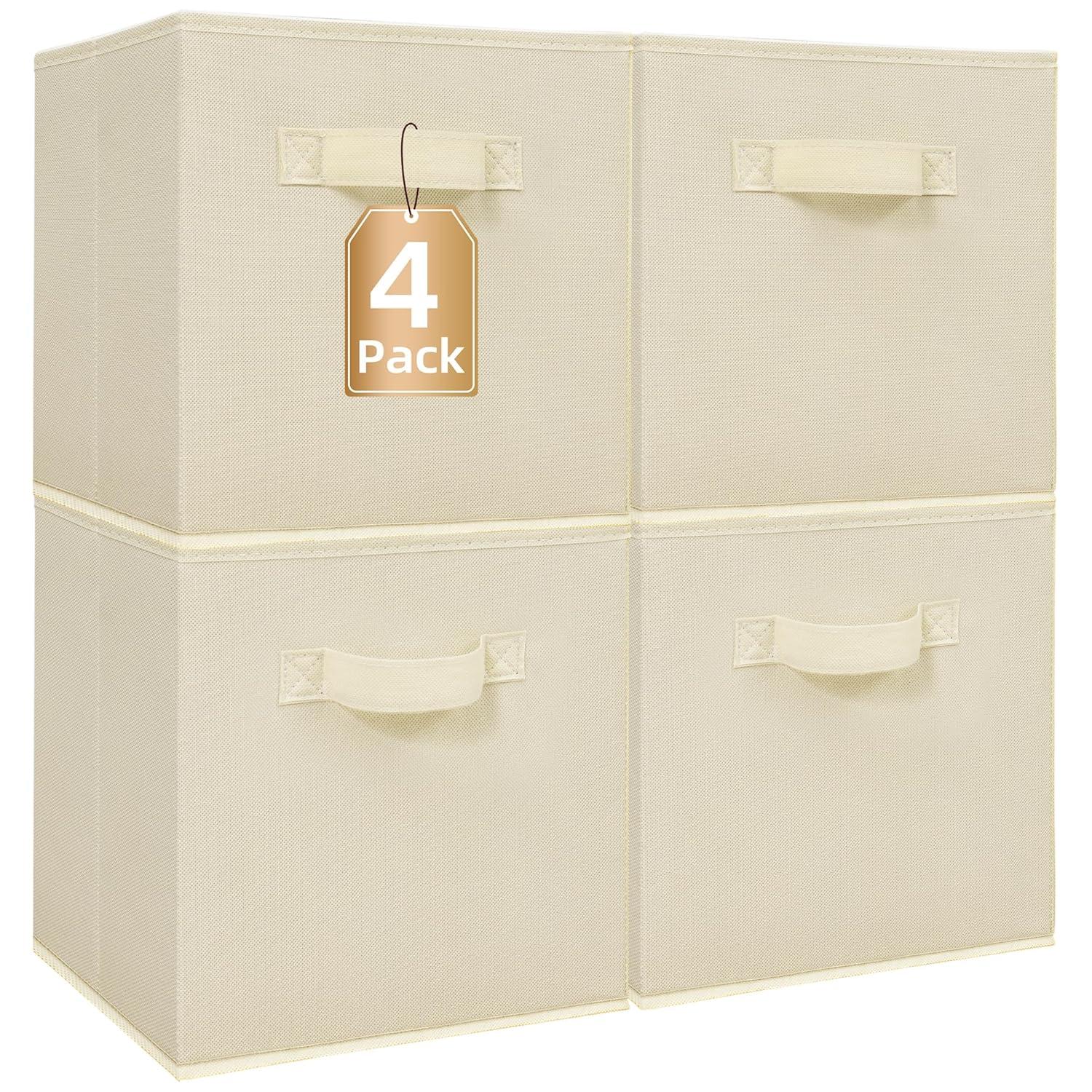 STORAGE MANIAC Storage Cubes, 11 Inch Collapsible Storage Bins with Handles, 4 Pack Fabric Foldable Bins for Organization, Durable Storage Bins for Closet, Shelves, Offices, Toys, 4-Pack Beige