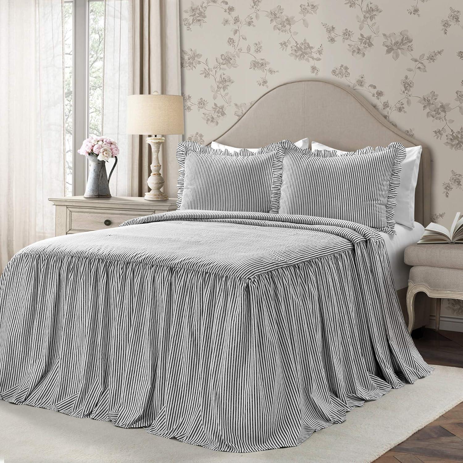 Elegant Black Ruffle-Edged Queen Bedspread Set with Pinstripes