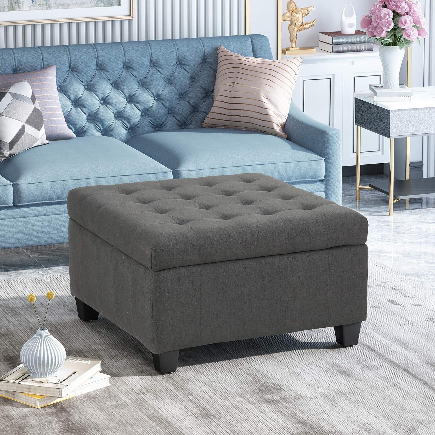 Isabella Contemporary Tufted Fabric Storage Ottoman Dark Gray/Dark Brown - Christopher Knight Home: Upholstered Bench with Wood Legs