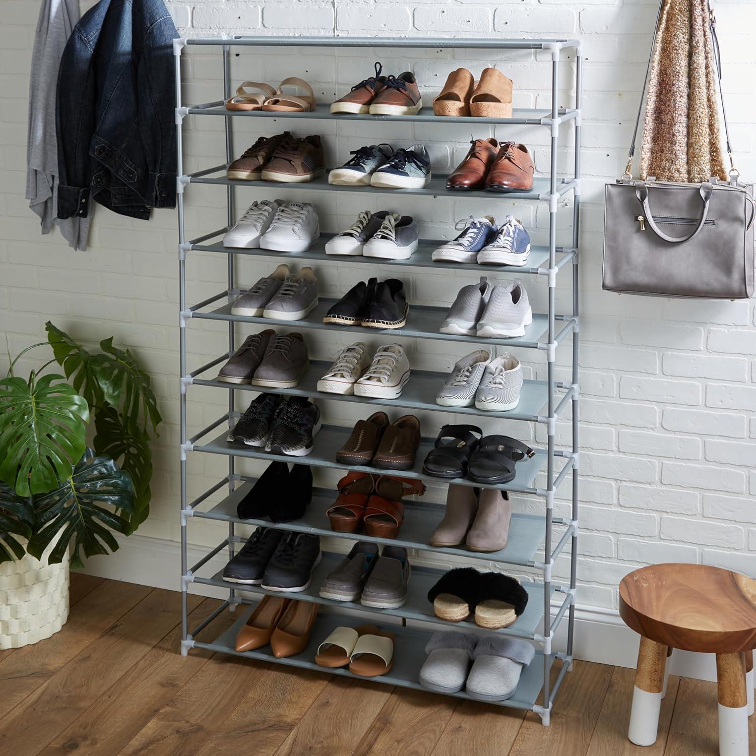 Simplify Grey 10-Tier Stackable Metal and Fabric Shoe Rack